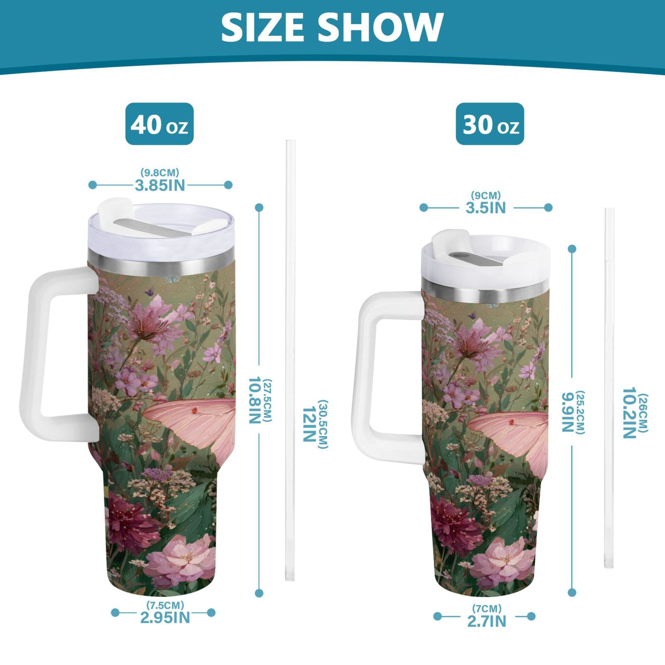 30 oz Insulated Stainless Steel Tumbler Double Wall Stainless Steel Tumbler with 2-Way Drinking Delicate Butterfly