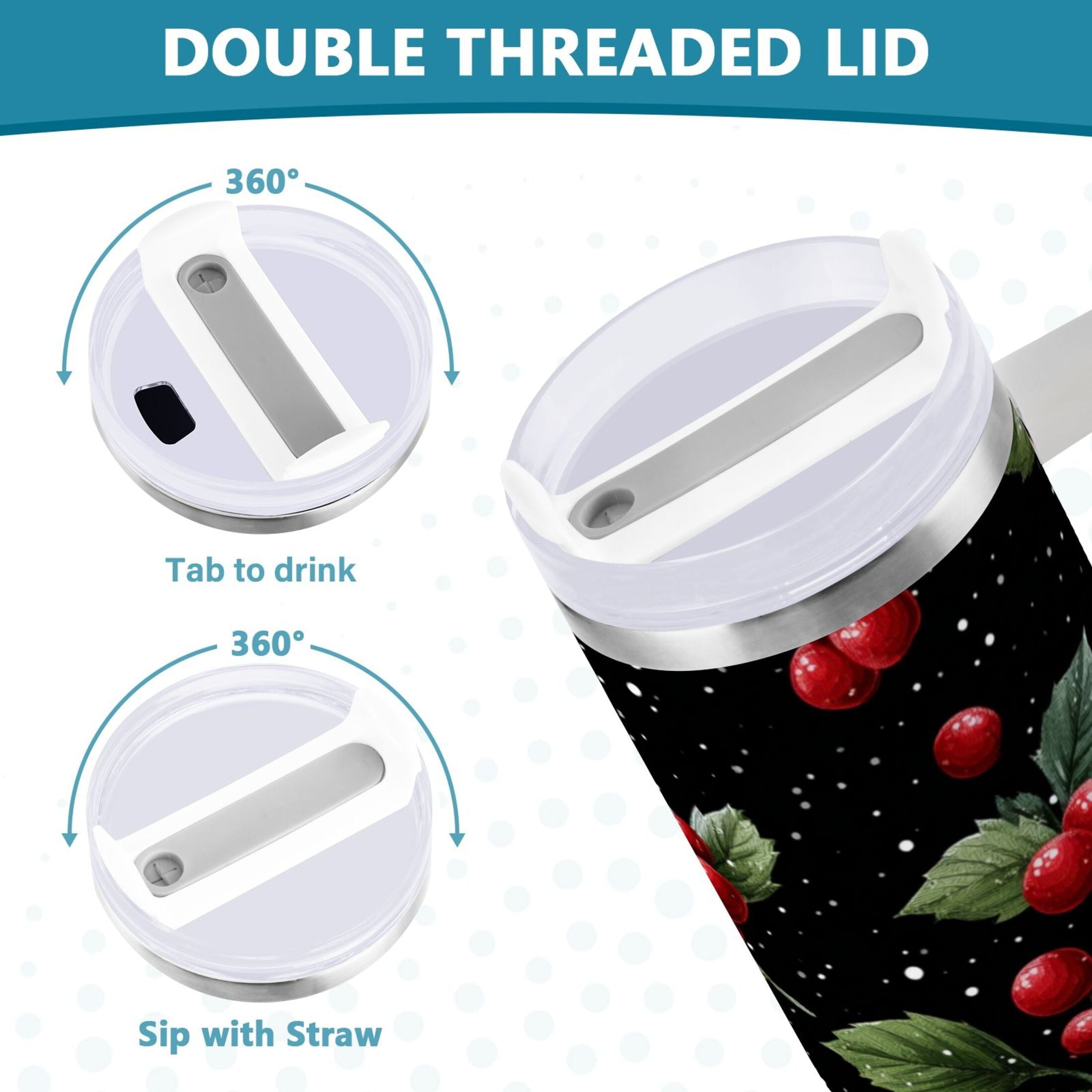 40 oz Insulated Stainless Steel Tumbler Double Wall Stainless Steel Tumbler with 2-Way Drinking Red Holly Berries Pattern