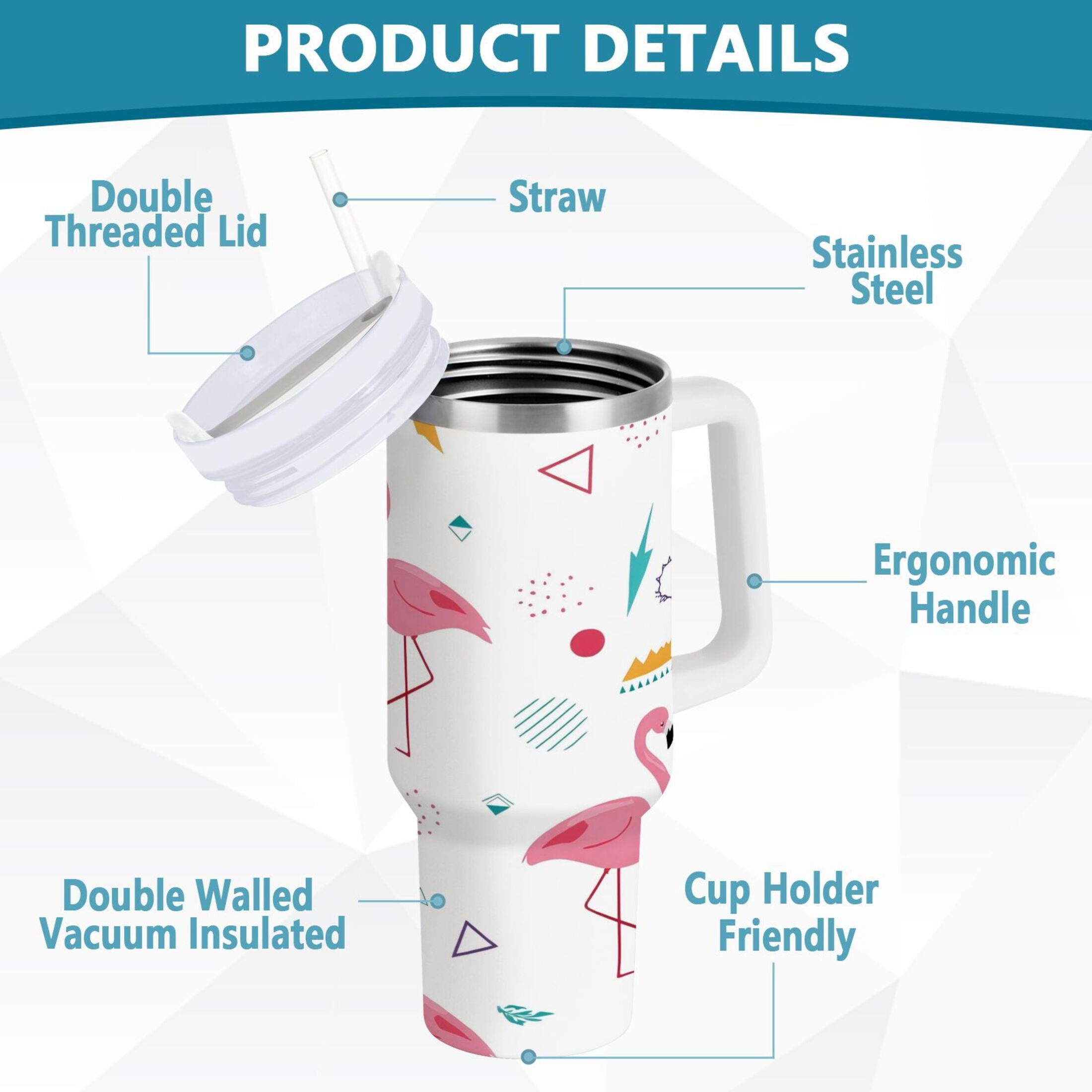 40 oz Insulated Stainless Steel Tumbler Double Wall Stainless Steel Tumbler with 2-Way Drinking Cute Flamingo Pattern