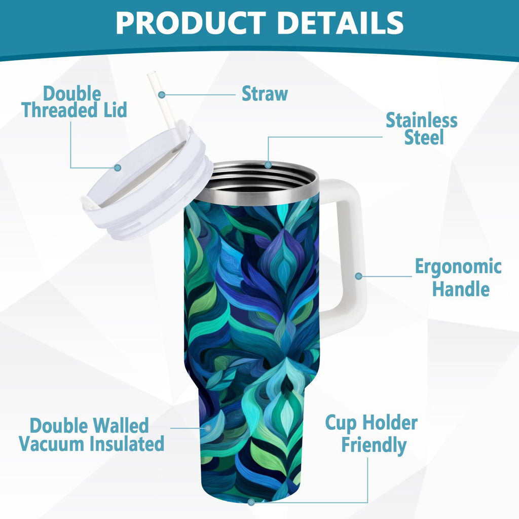 40 oz Insulated Stainless Steel Tumbler Double Wall Stainless Steel Tumbler with 2-Way Drinking Elegant Blue Abstract Shapes