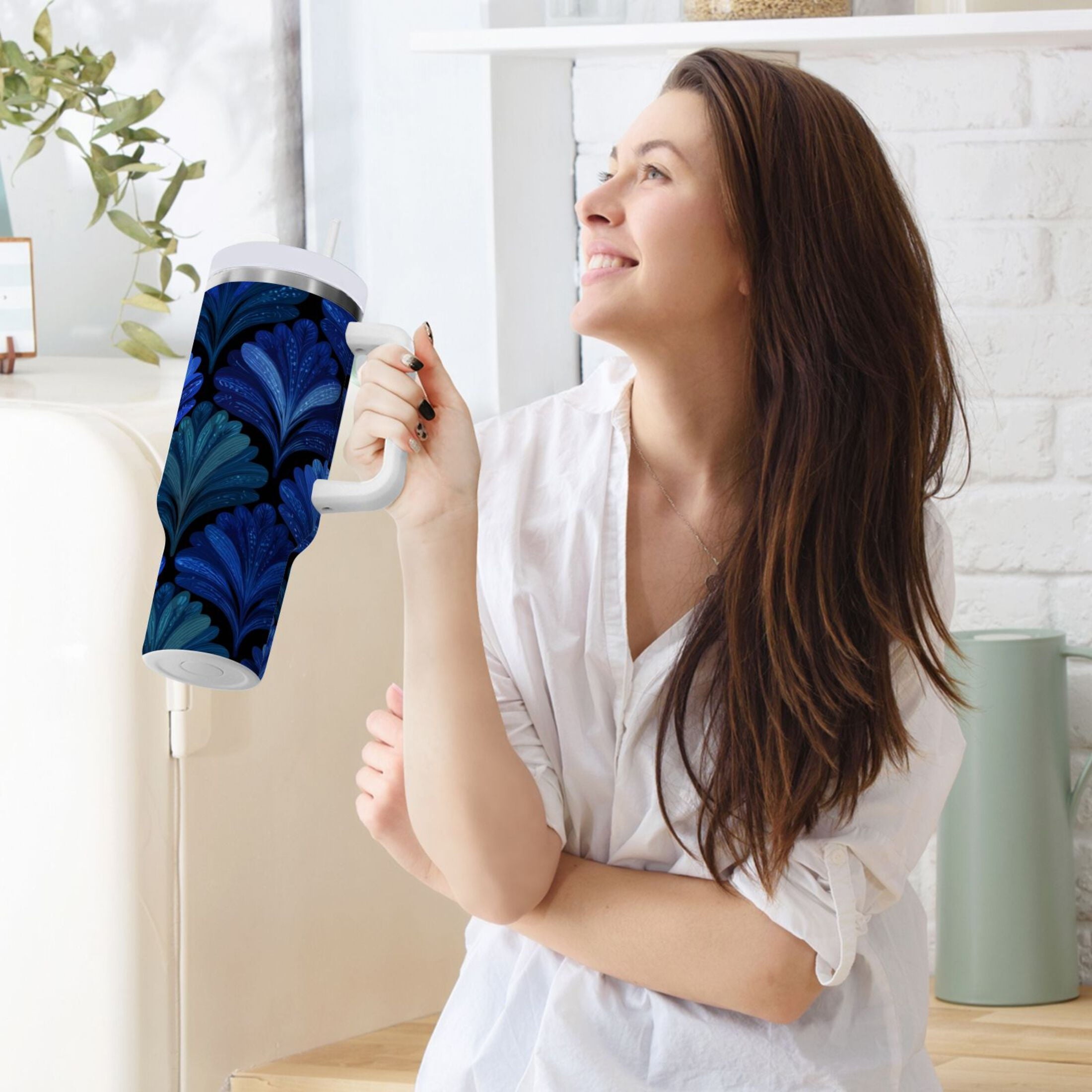 30 oz Insulated Stainless Steel Tumbler Double Wall Stainless Steel Tumbler with 2-Way Drinking Blue Batik Leaves Pattern