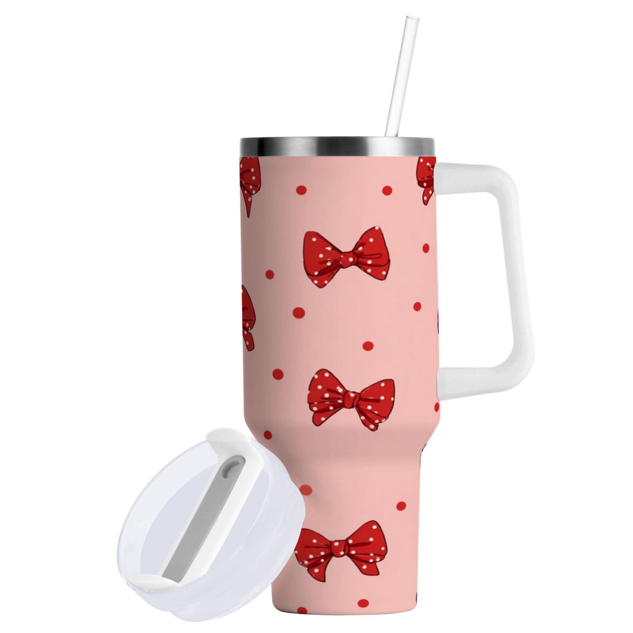 40 oz Insulated Stainless Steel Tumbler Double Wall Stainless Steel Tumbler with 2-Way Drinking Red Bows and Polka Dots