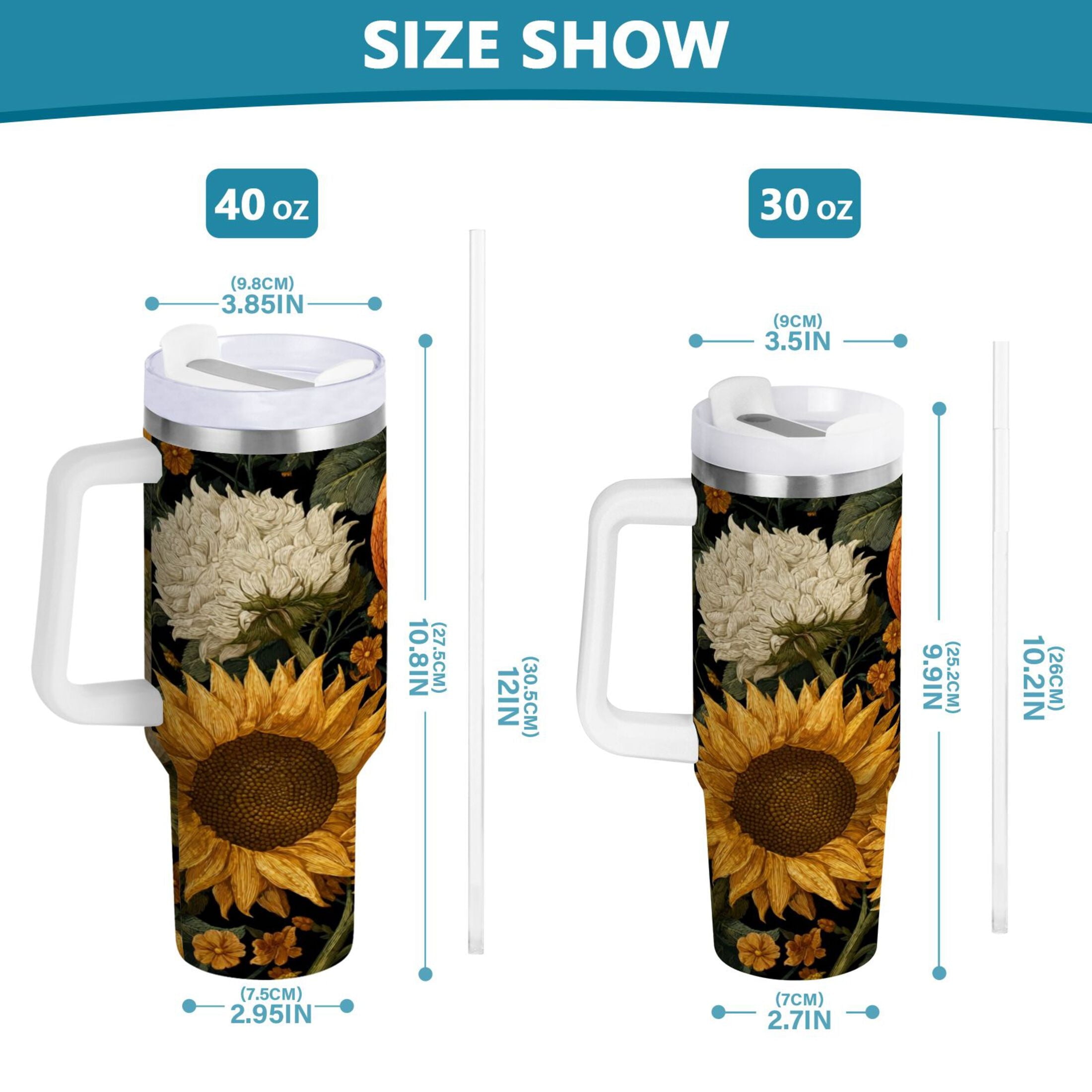 40 oz Insulated Stainless Steel Tumbler Double Wall Stainless Steel Tumbler with 2-Way Drinking Pumpkins and Sunflowers Pattern