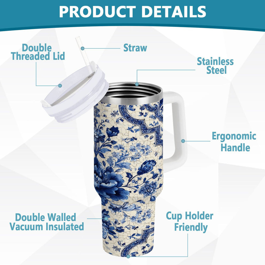 30 oz Insulated Stainless Steel Tumbler Double Wall Stainless Steel Tumbler with 2-Way Drinking Blue and White Porcelain-style