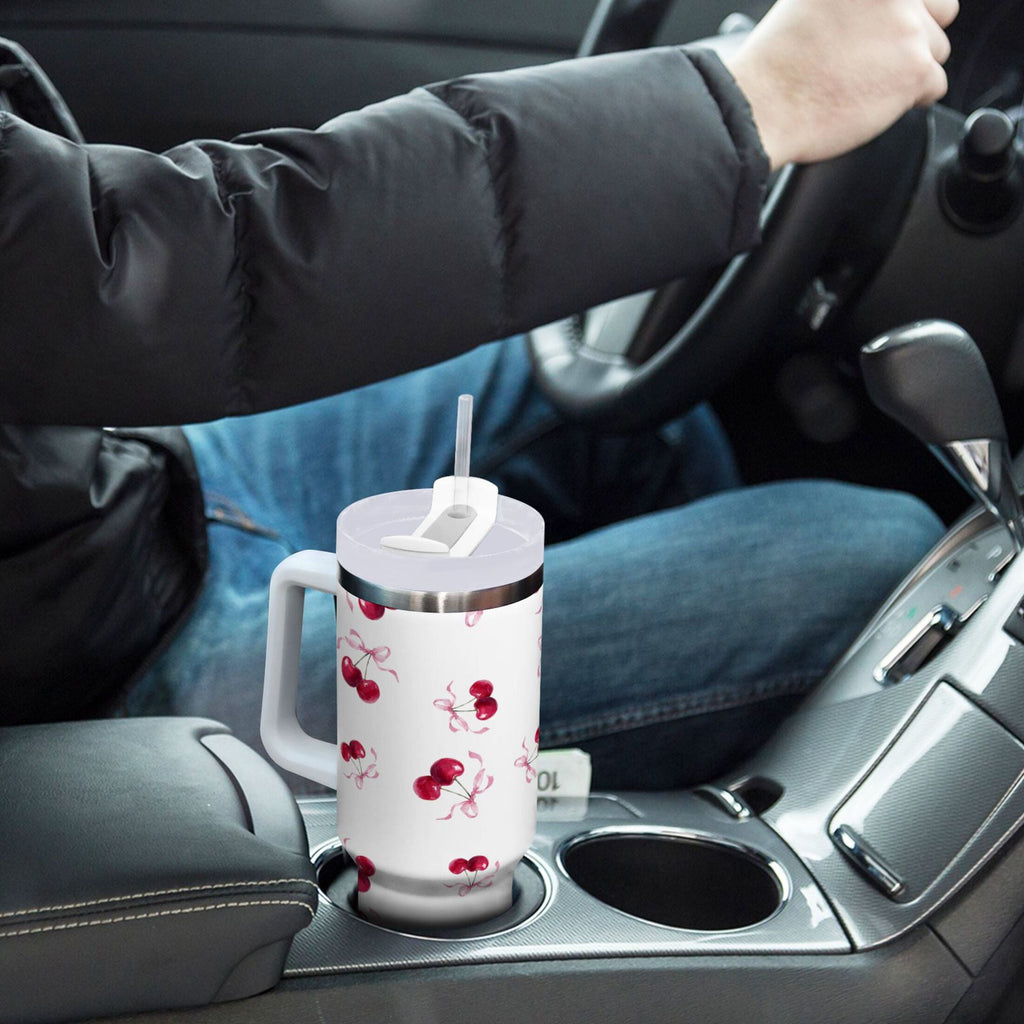 30 oz Insulated Stainless Steel Tumbler Double Wall Stainless Steel Tumbler with 2-Way Drinking Watercolor Cherries Pattern