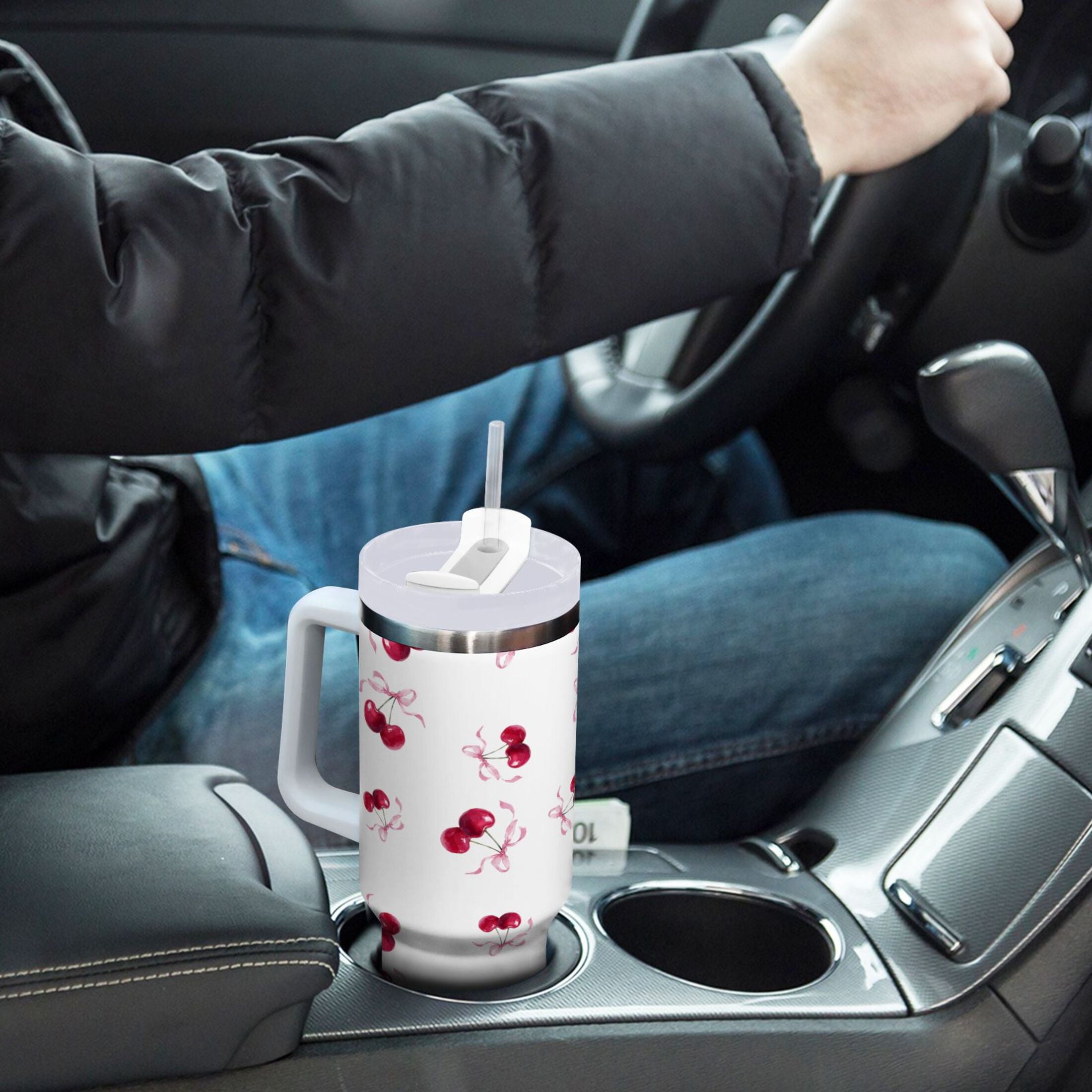 30 oz Insulated Stainless Steel Tumbler Double Wall Stainless Steel Tumbler with 2-Way Drinking Watercolor Cherries Pattern