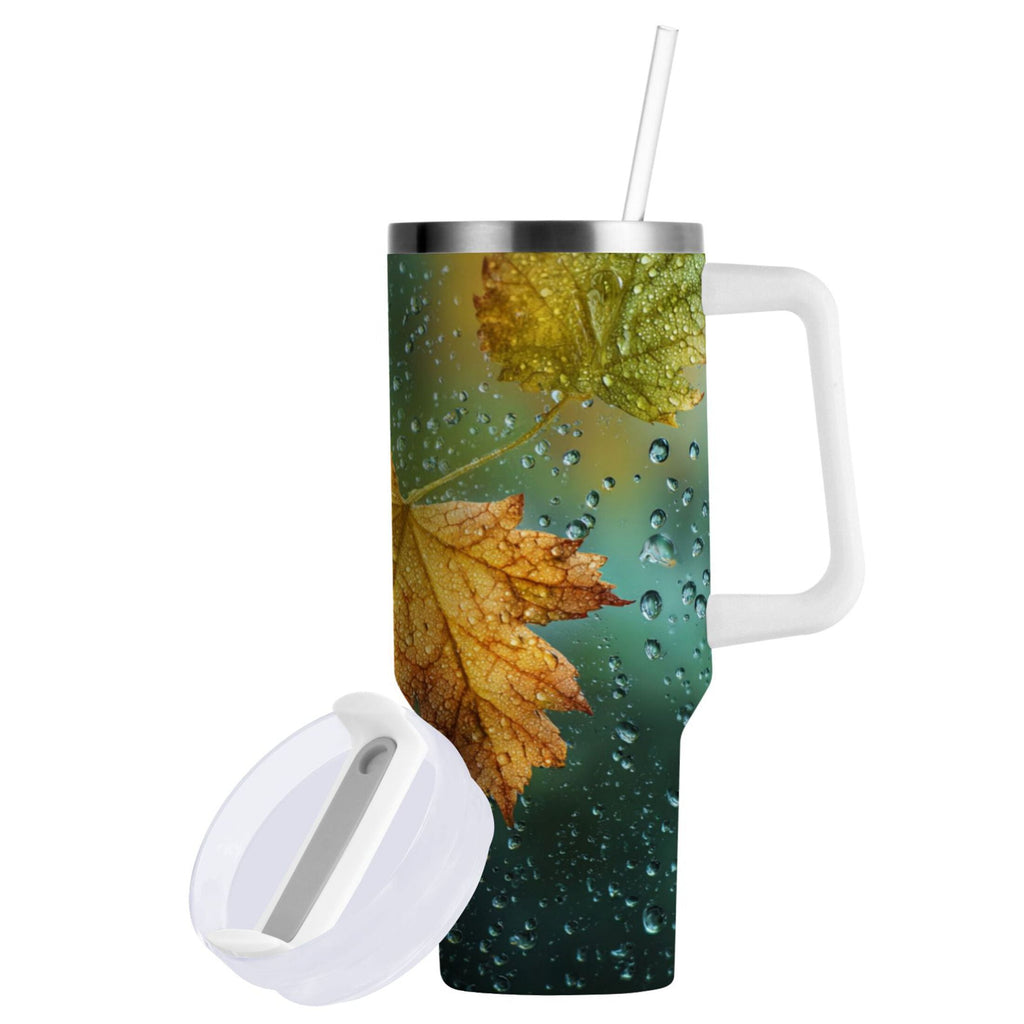 30 oz Insulated Stainless Steel Tumbler Double Wall Stainless Steel Tumbler with 2-Way Drinking Leaves with Water Droplets