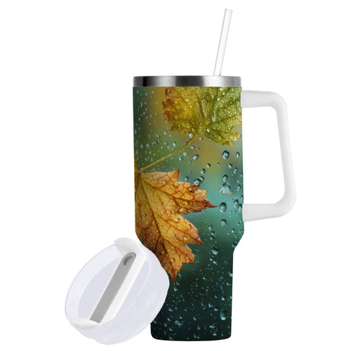 30 oz Insulated Stainless Steel Tumbler Double Wall Stainless Steel Tumbler with 2-Way Drinking Leaves with Water Droplets