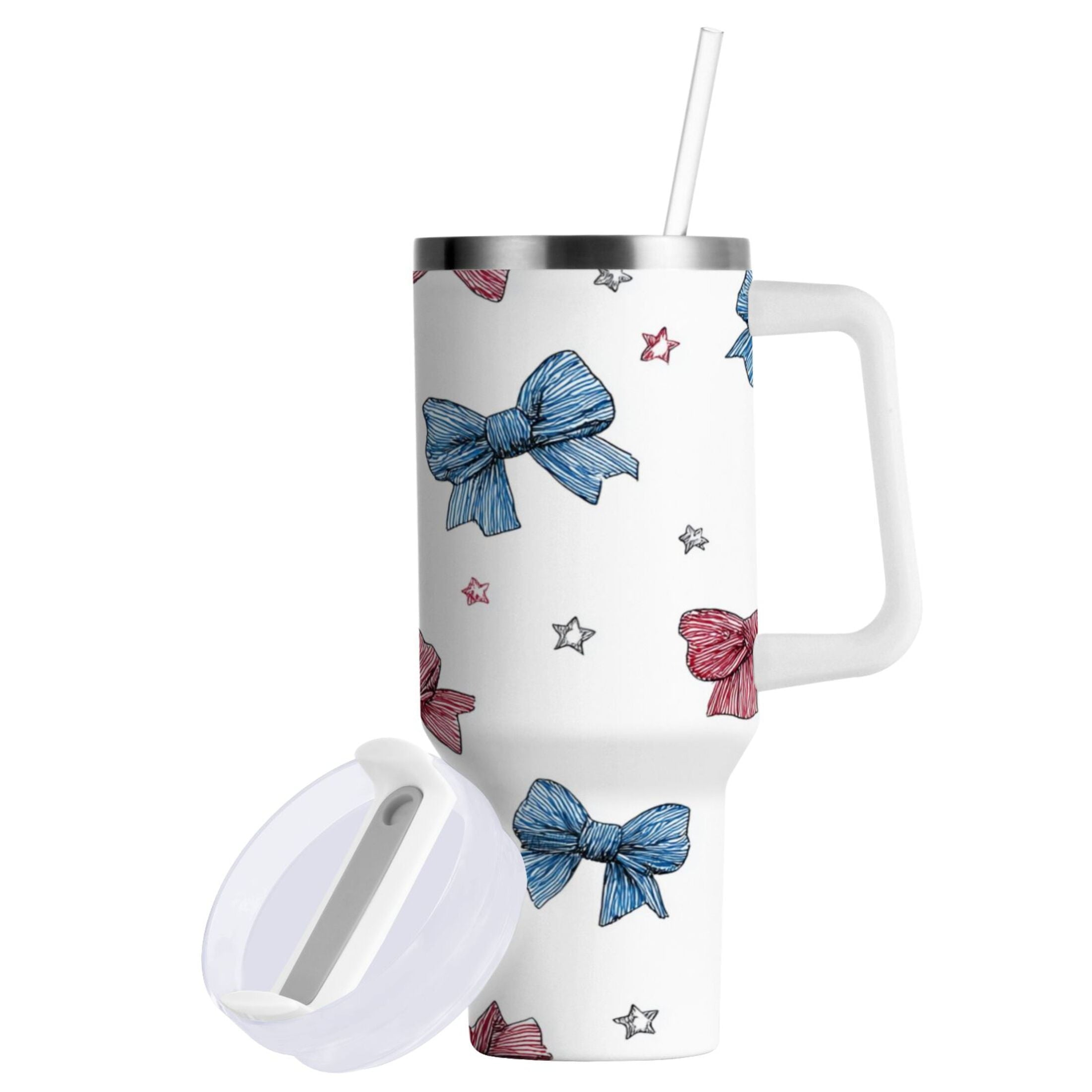 40 oz Insulated Stainless Steel Tumbler Double Wall Stainless Steel Tumbler with 2-Way Drinking Red and Blue Stripes Bows