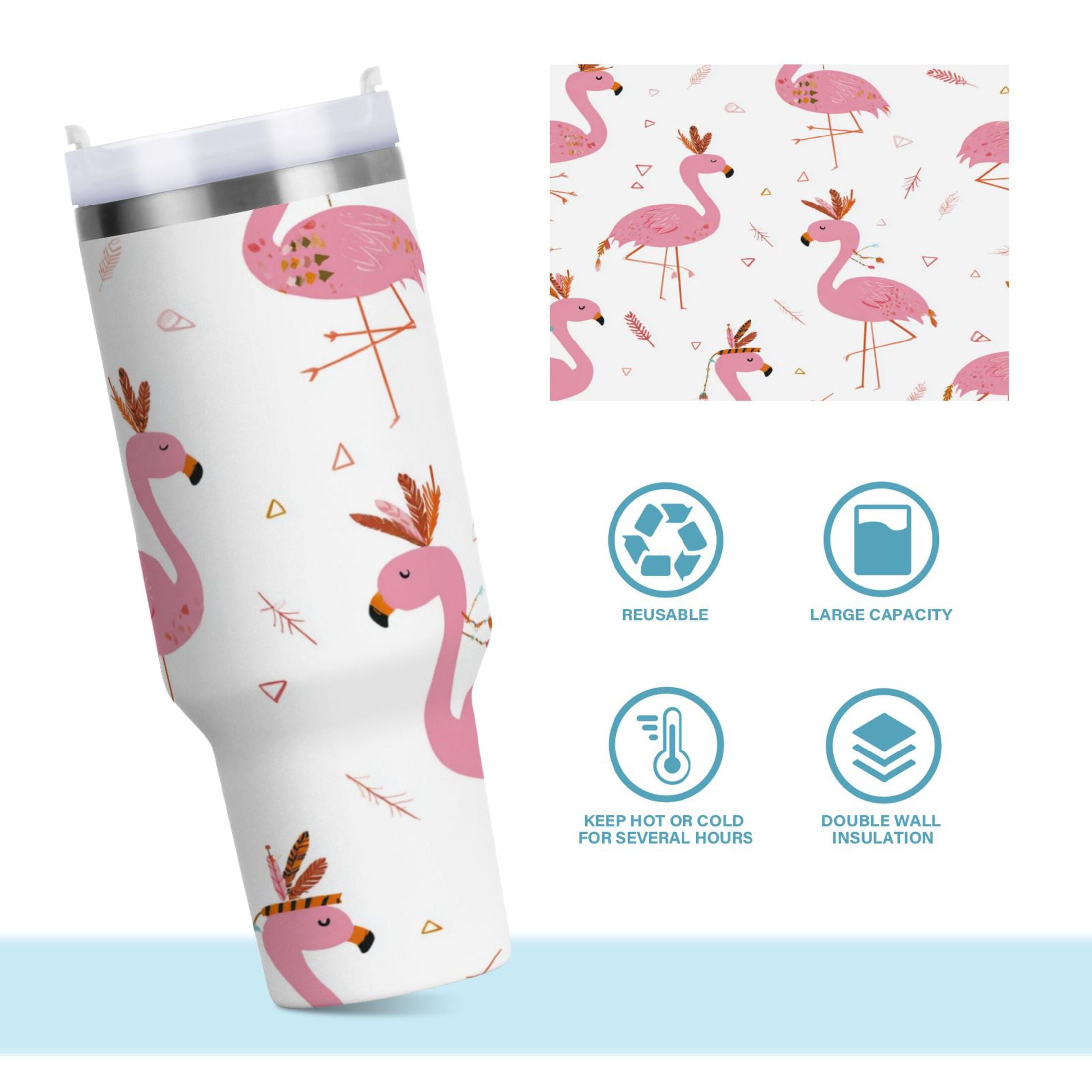 40 oz Insulated Stainless Steel Tumbler Double Wall Stainless Steel Tumbler with 2-Way Drinking Cute Pink Flamingo Pattern