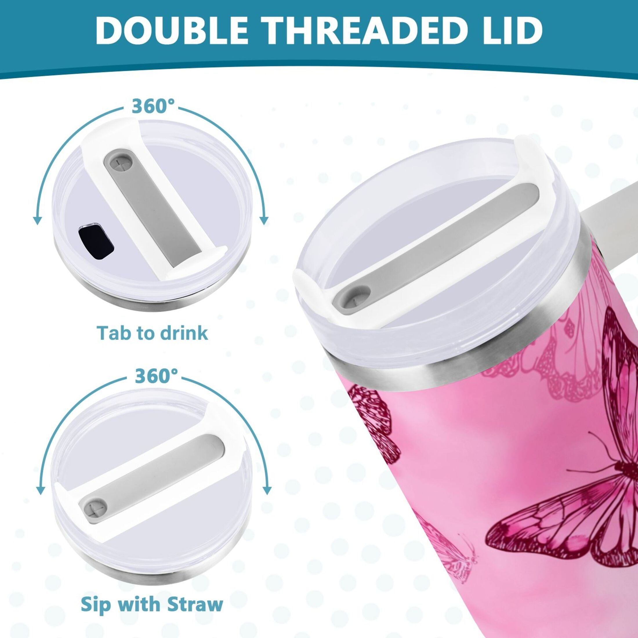40 oz Insulated Stainless Steel Tumbler Double Wall Stainless Steel Tumbler with 2-Way Drinking Pink Butterfly Pattern