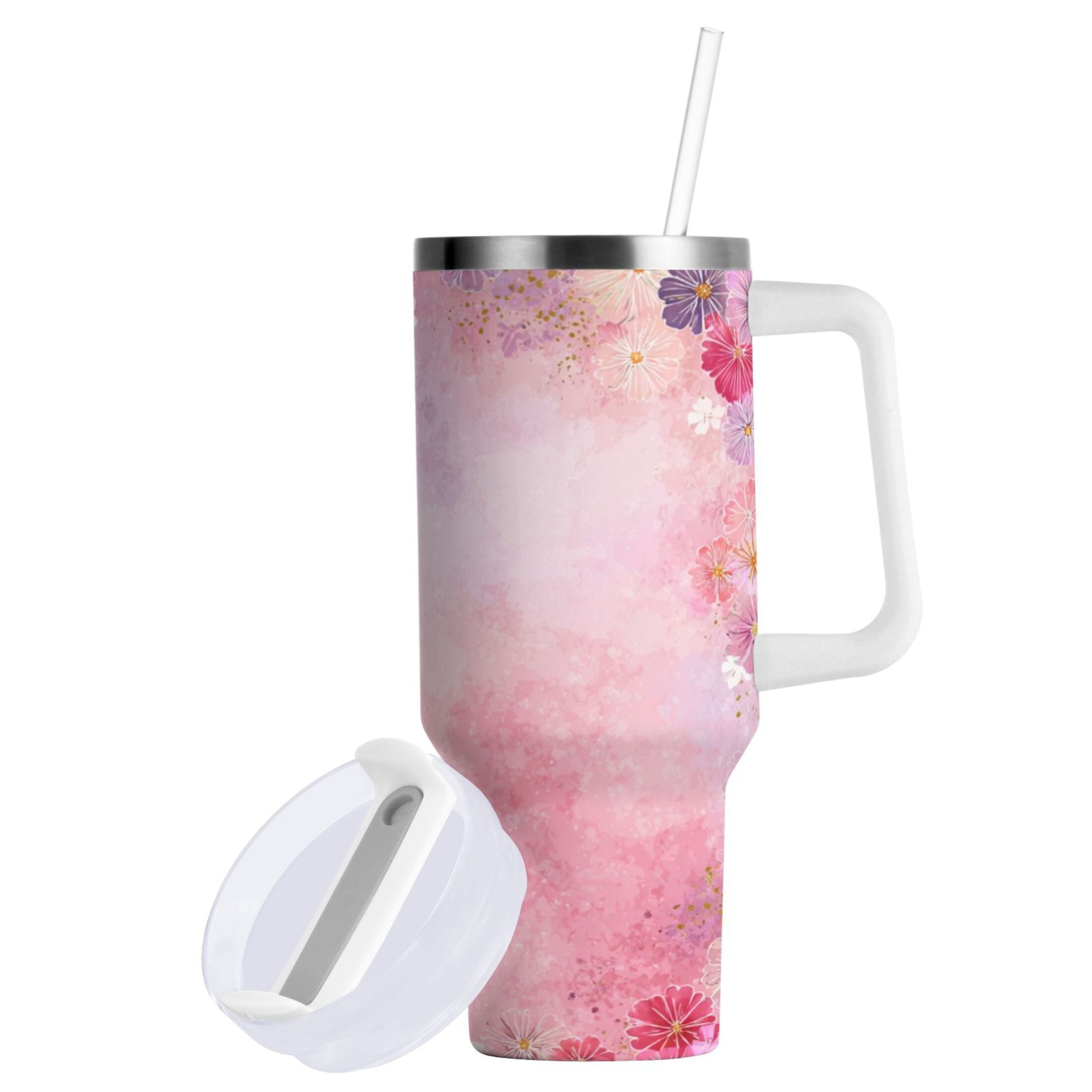 30 oz Insulated Stainless Steel Tumbler Double Wall Stainless Steel Tumbler with 2-Way Drinking Colorful Pastel Floral Pattern