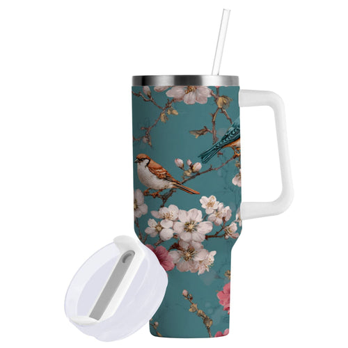30 oz Insulated Stainless Steel Tumbler Double Wall Stainless Steel Tumbler with 2-Way Drinking Birds and Cherry Pattern