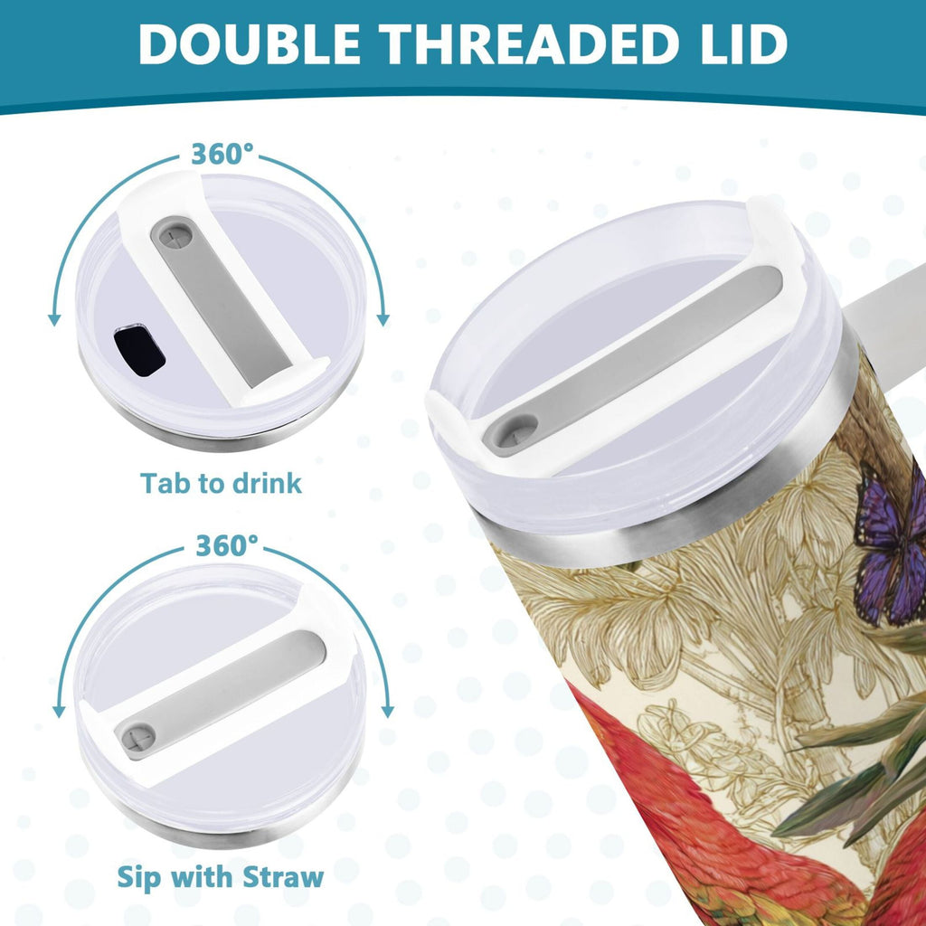 30 oz Insulated Stainless Steel Tumbler Double Wall Stainless Steel Tumbler with 2-Way Drinking Colorful Beautiful Parrots