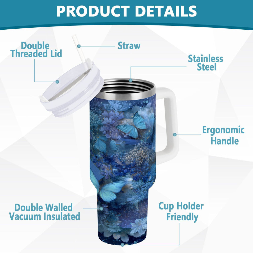 30 oz Insulated Stainless Steel Tumbler Double Wall Stainless Steel Tumbler with 2-Way Drinking Butterflies Books and Flowers