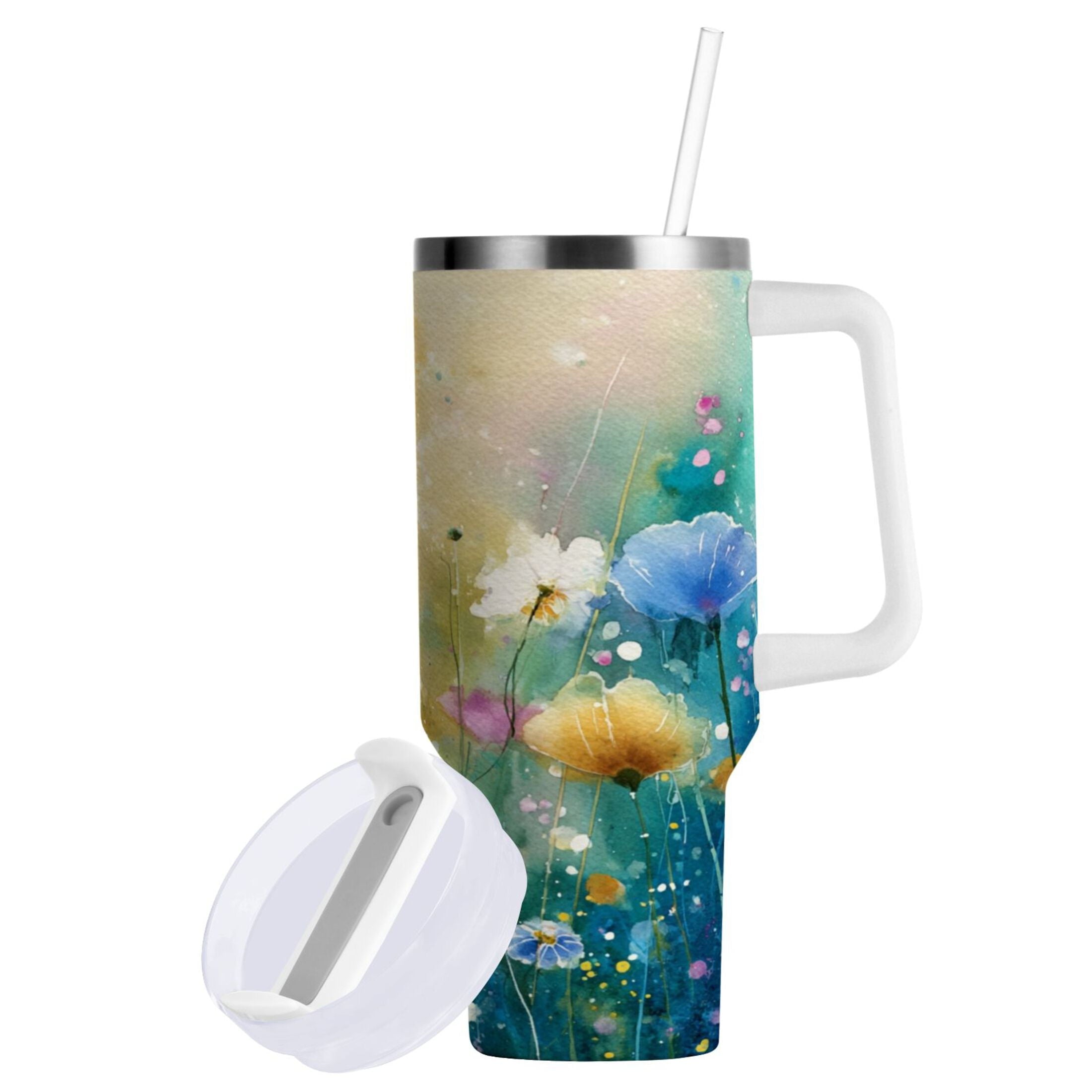 30 oz Insulated Stainless Steel Tumbler Double Wall Stainless Steel Tumbler with 2-Way Drinking Watercolor Wildflowers