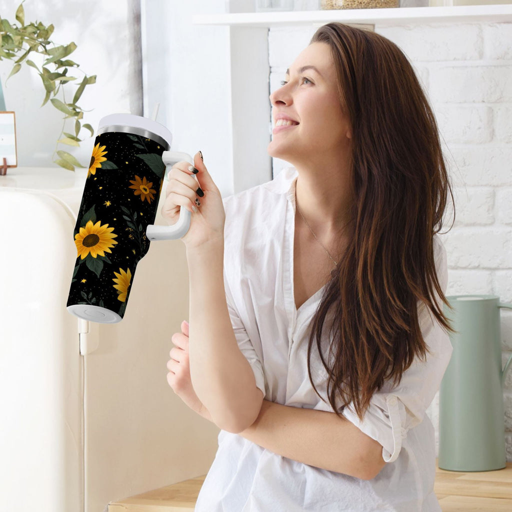 30 oz Insulated Stainless Steel Tumbler Double Wall Stainless Steel Tumbler with 2-Way Drinking Yellow Sunflower Pattern