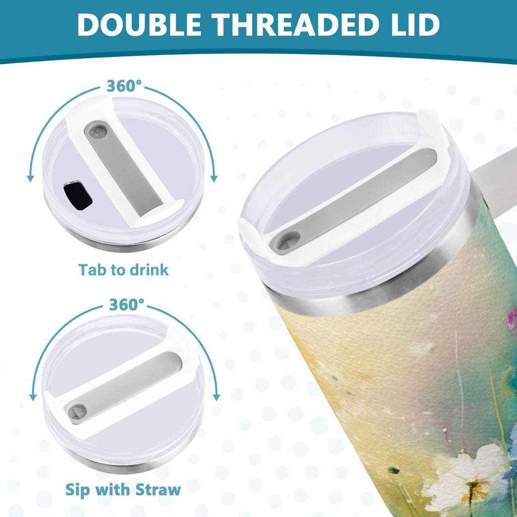 30 oz Insulated Stainless Steel Tumbler Double Wall Stainless Steel Tumbler with 2-Way Drinking Watercolor Wildflowers