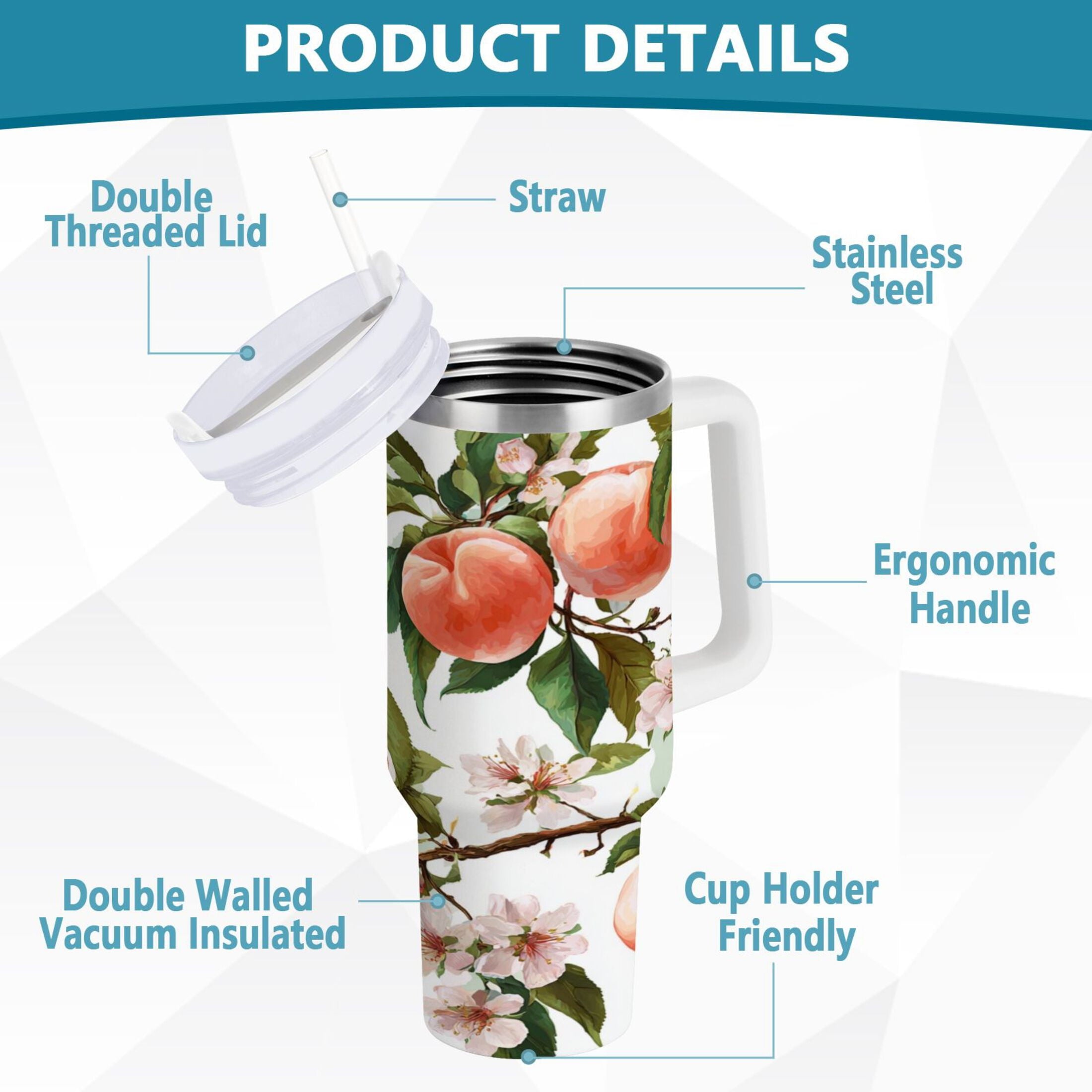 30 oz Insulated Stainless Steel Tumbler Double Wall Stainless Steel Tumbler with 2-Way Drinking Peach Fruit Pattern