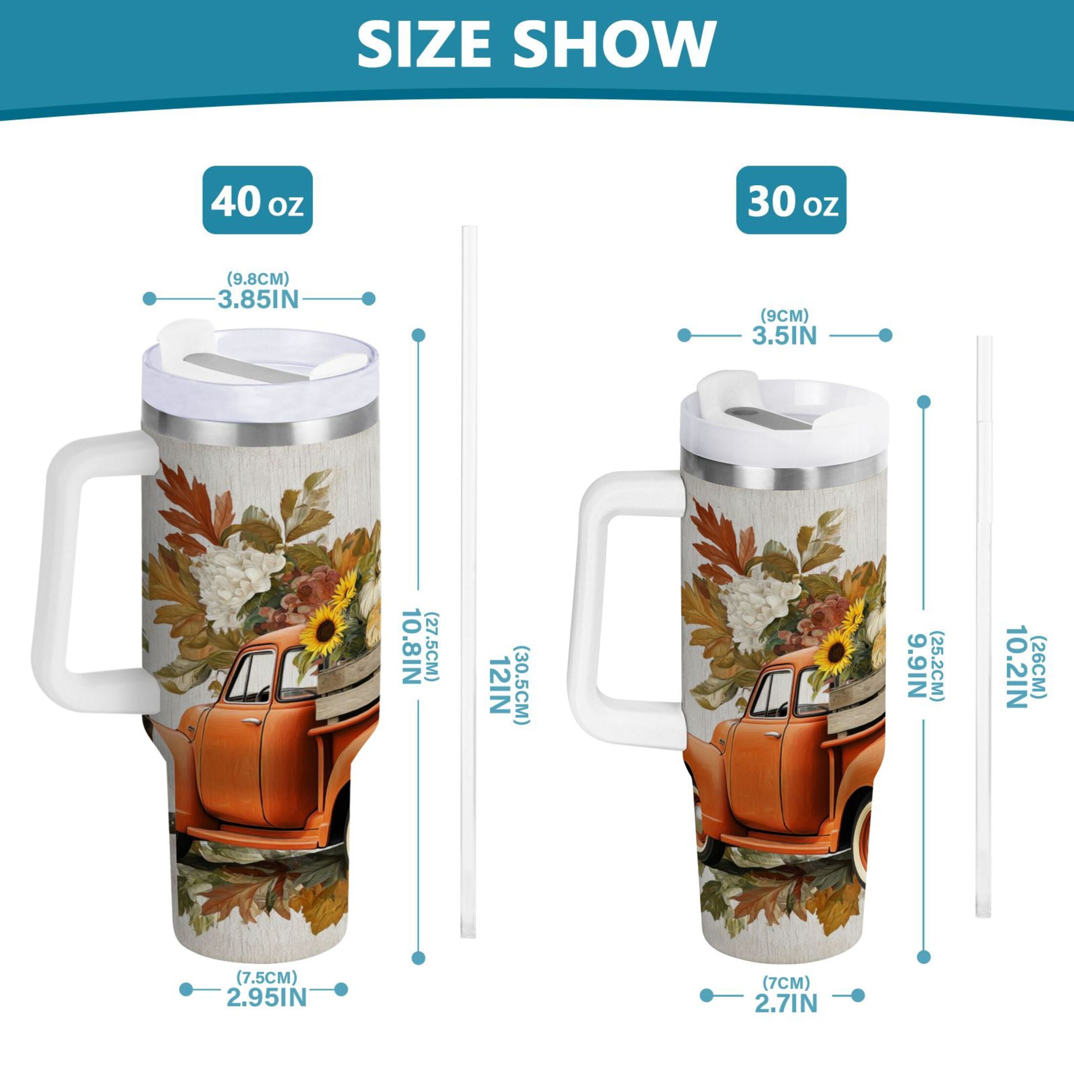 40 oz Insulated Stainless Steel Tumbler Double Wall Stainless Steel Tumbler with 2-Way Drinking Truck Full Of Pumpkins