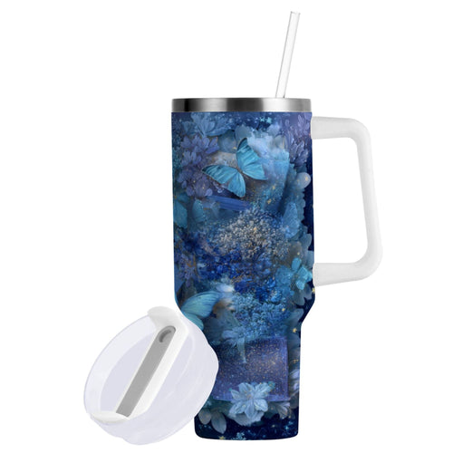 30 oz Insulated Stainless Steel Tumbler Double Wall Stainless Steel Tumbler with 2-Way Drinking Butterflies Books and Flowers