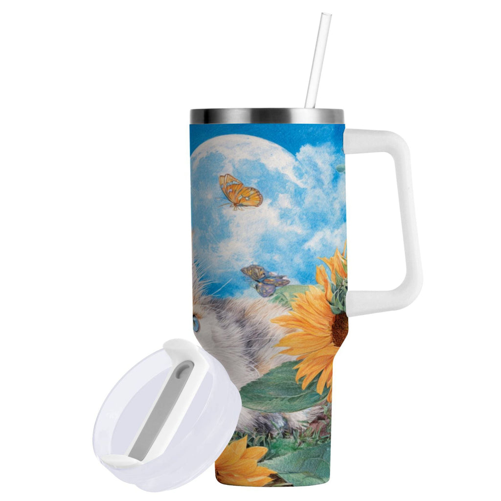 40 oz Insulated Stainless Steel Tumbler Double Wall Stainless Steel Tumbler with 2-Way Drinking Playful Cat Lying Sunflowers