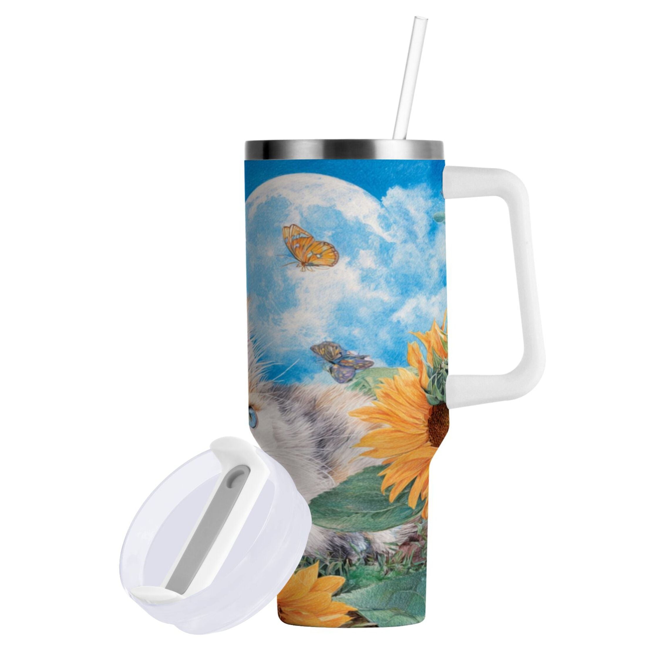 40 oz Insulated Stainless Steel Tumbler Double Wall Stainless Steel Tumbler with 2-Way Drinking Playful Cat Lying Sunflowers