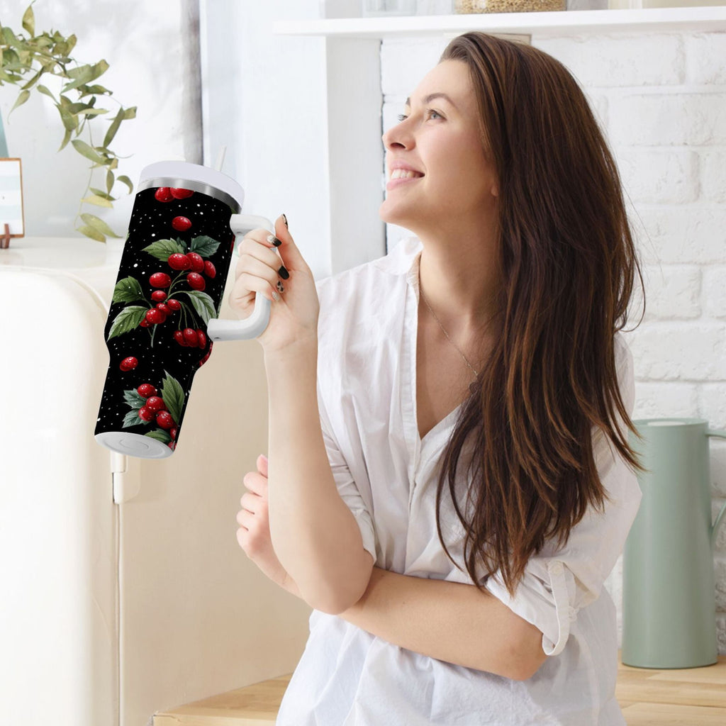 40 oz Insulated Stainless Steel Tumbler Double Wall Stainless Steel Tumbler with 2-Way Drinking Red Holly Berries Pattern