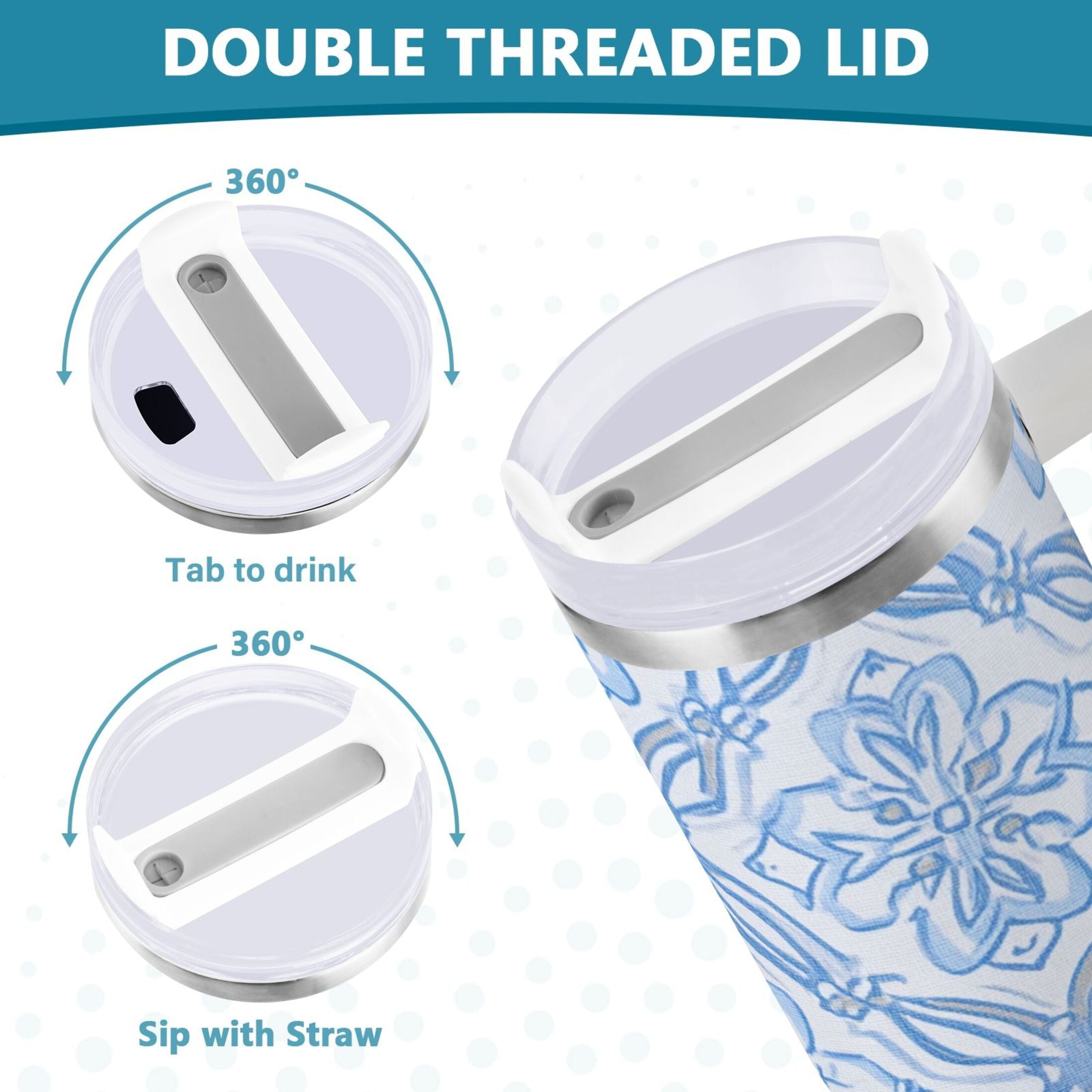 30 oz Insulated Stainless Steel Tumbler Double Wall Stainless Steel Tumbler with 2-Way Drinking Blue Elegant Geometric Design