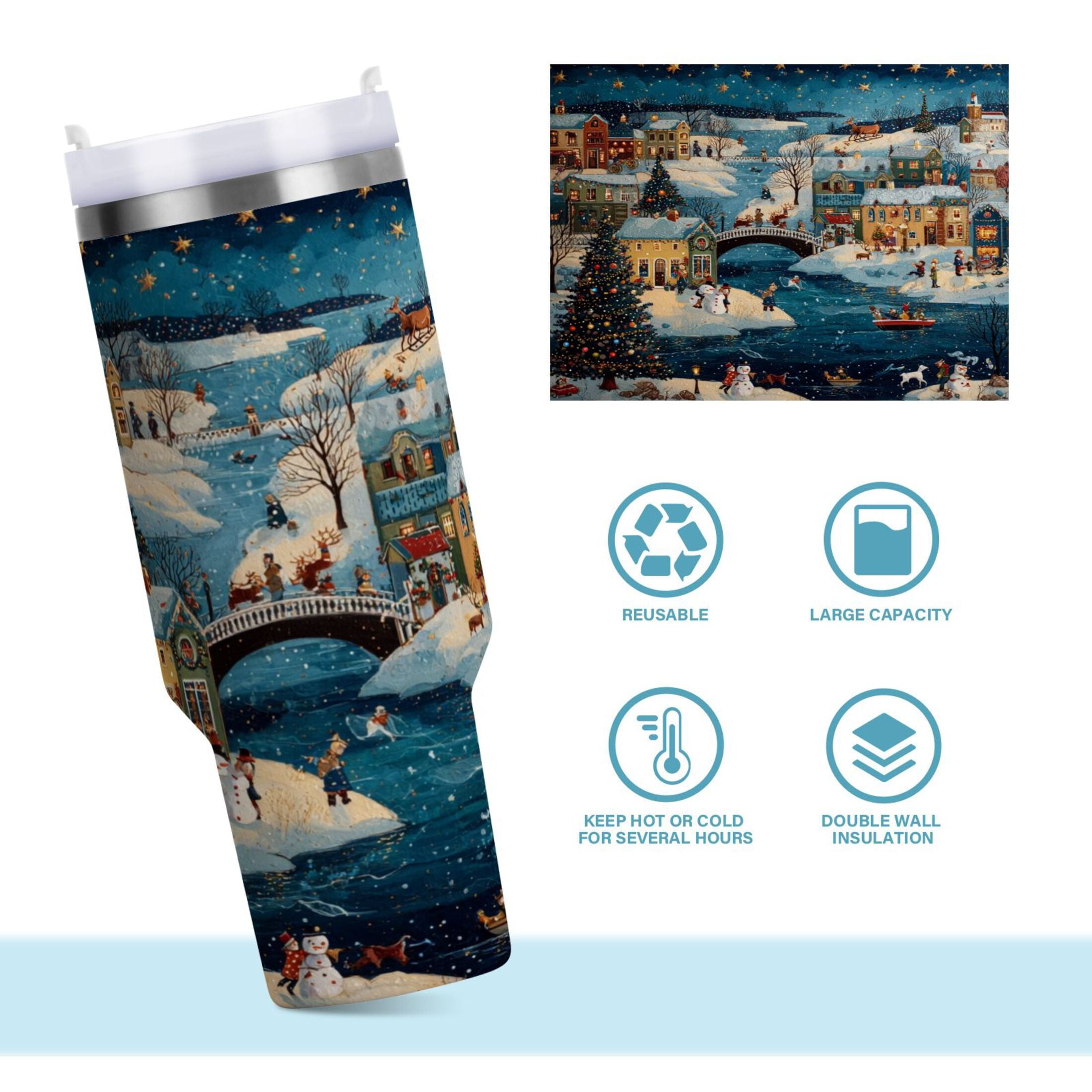 30 oz Insulated Stainless Steel Tumbler Double Wall Stainless Steel Tumbler with 2-Way Drinking Whimsical Christmas Scene