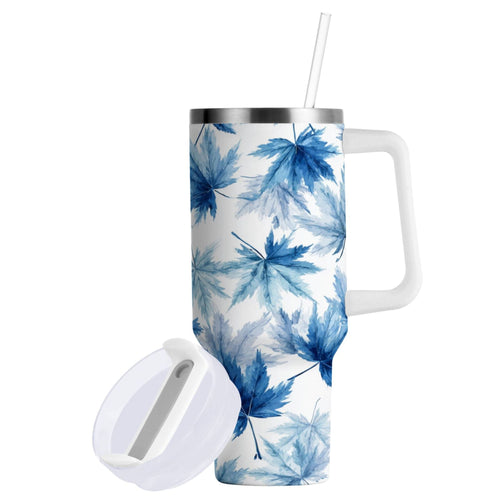 30 oz Insulated Stainless Steel Tumbler Double Wall Stainless Steel Tumbler with 2-Way Drinking Abstract Blue Maple Leaves