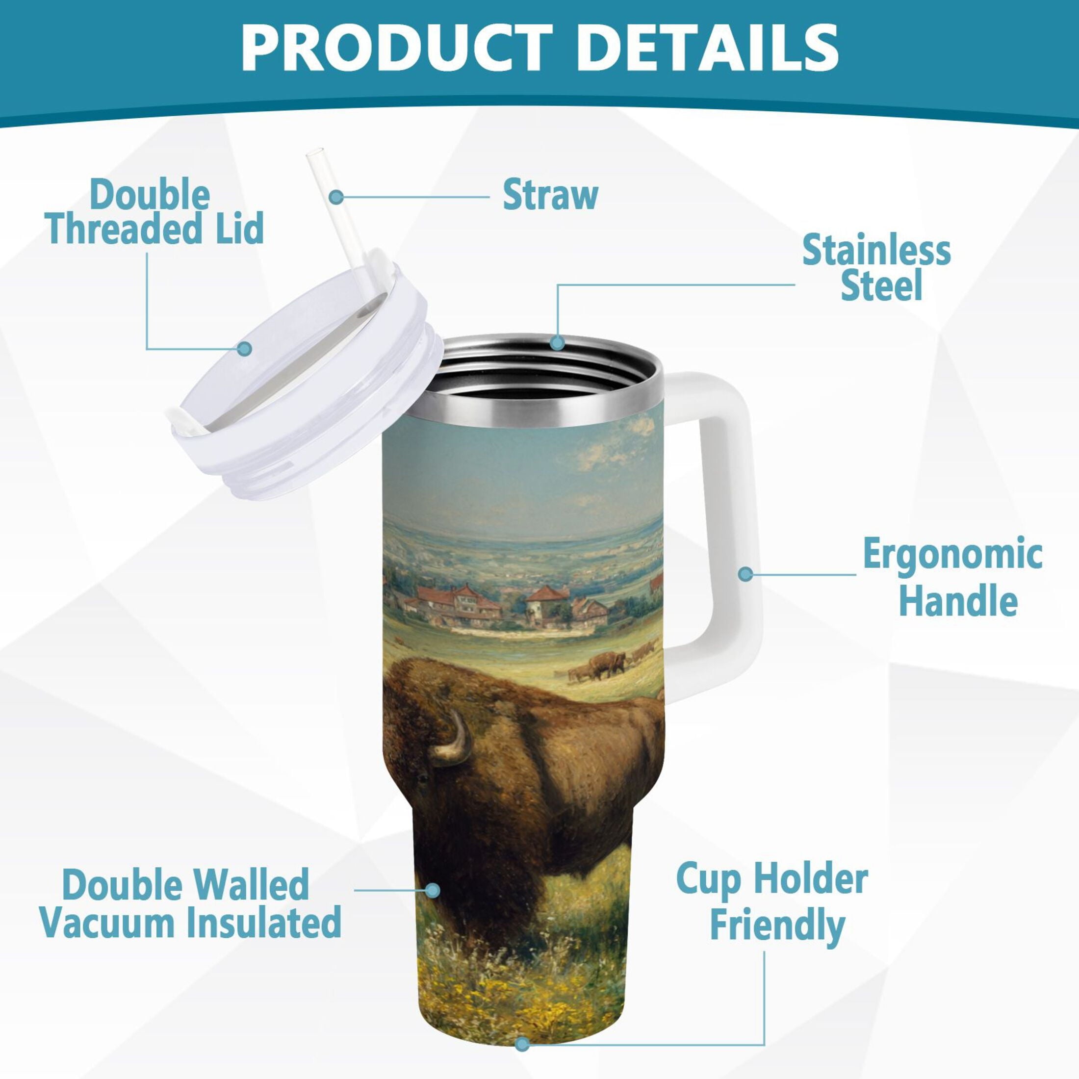 30 oz Insulated Stainless Steel Tumbler Double Wall Stainless Steel Tumbler with 2-Way Drinking Buffalo Herd Oil Painting