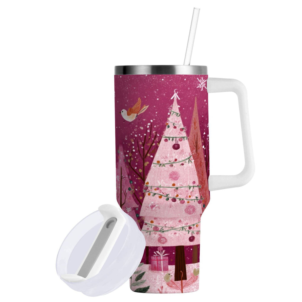 40 oz Insulated Stainless Steel Tumbler Double Wall Stainless Steel Tumbler with 2-Way Drinking Pink Christmas Forest