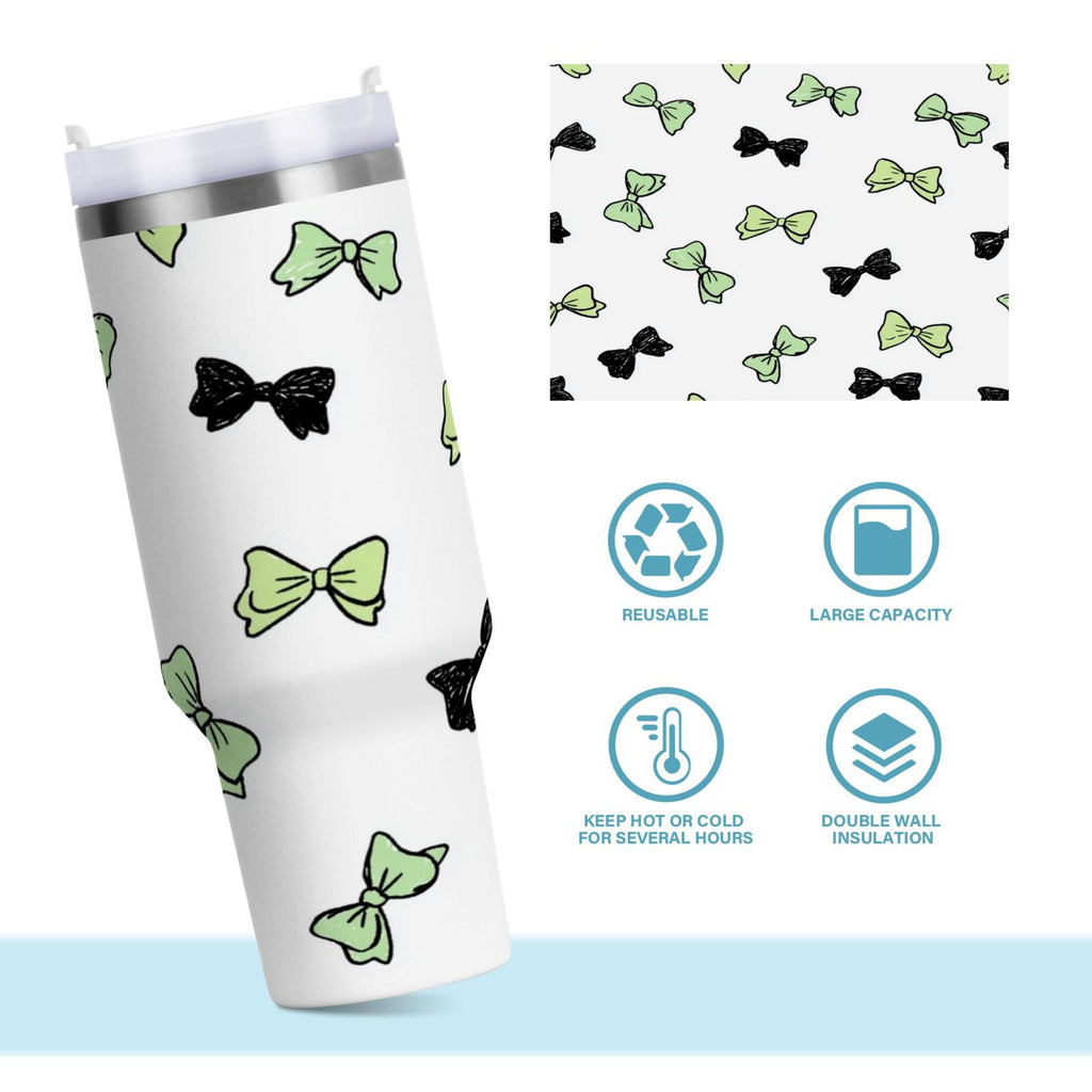 40 oz Insulated Stainless Steel Tumbler Double Wall Stainless Steel Tumbler with 2-Way Drinking Green and Black Bows