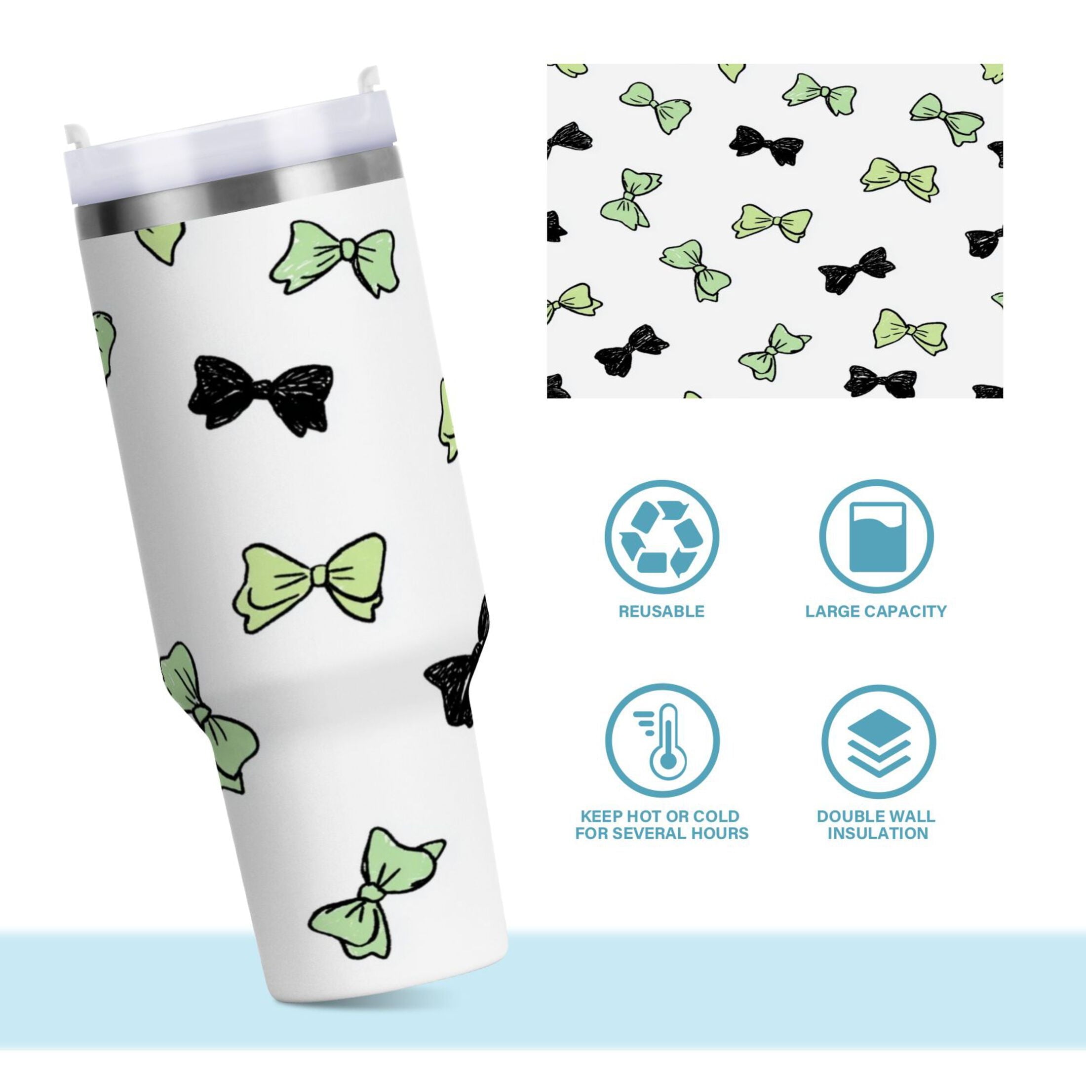 40 oz Insulated Stainless Steel Tumbler Double Wall Stainless Steel Tumbler with 2-Way Drinking Green and Black Bows