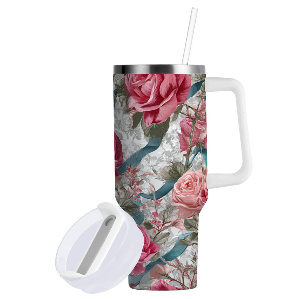 30 oz Insulated Stainless Steel Tumbler Double Wall Stainless Steel Tumbler with 2-Way Drinking Roses and Ribbons