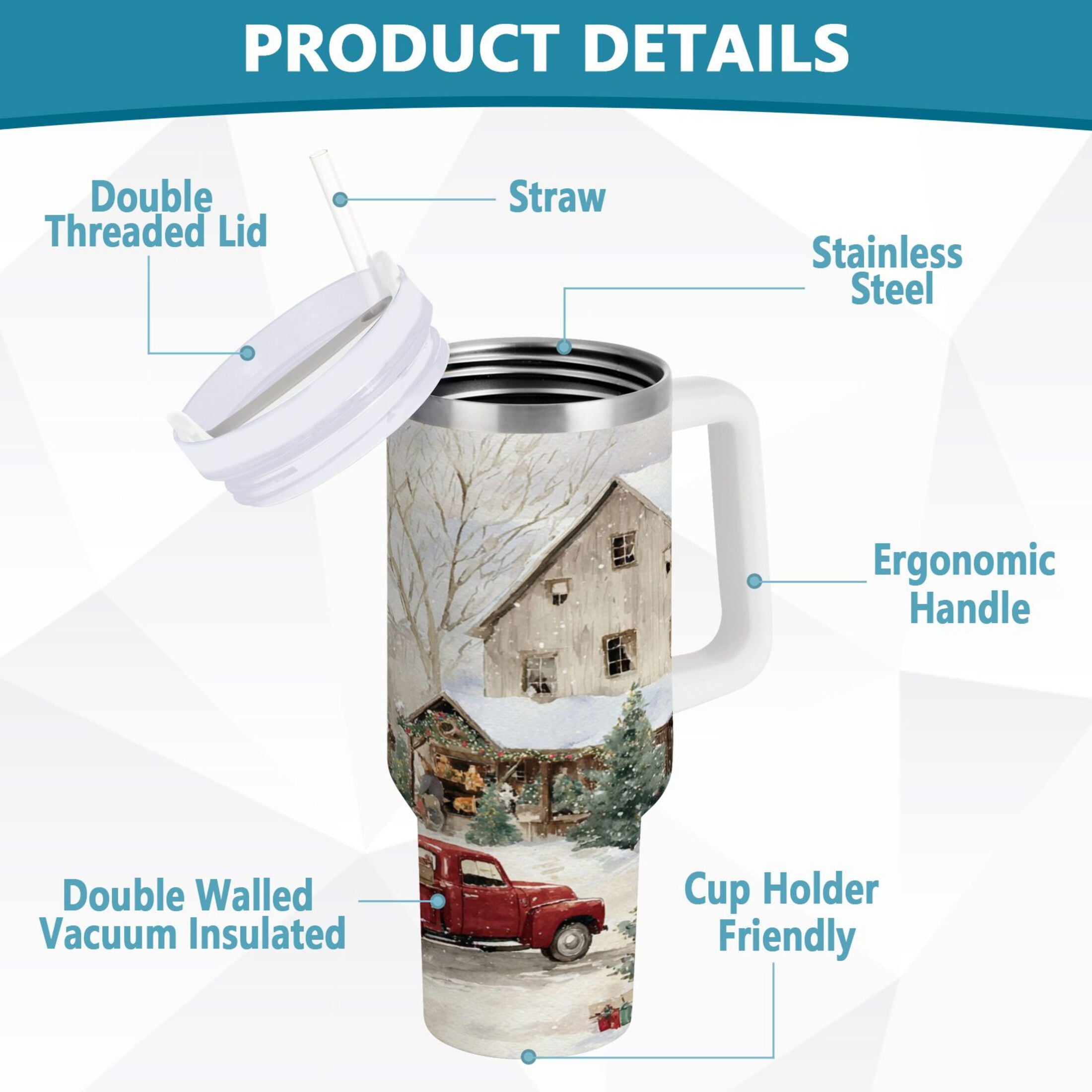 40 oz Insulated Stainless Steel Tumbler Double Wall Stainless Steel Tumbler with 2-Way Drinking Farm Snow Scene