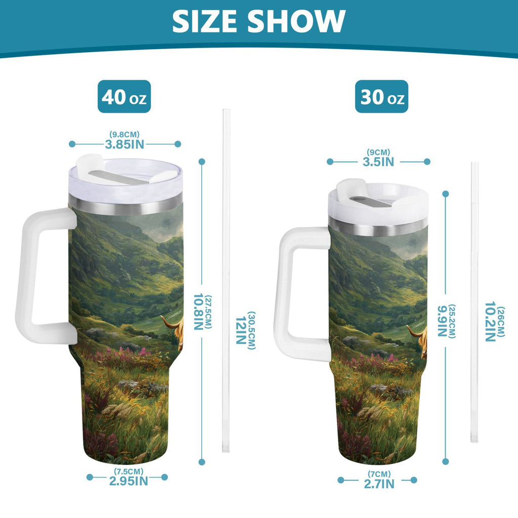 30 oz Insulated Stainless Steel Tumbler Double Wall Stainless Steel Tumbler with 2-Way Drinking Cow in Green Rolling Hills