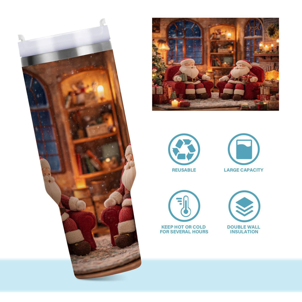 40 oz Insulated Stainless Steel Tumbler Double Wall Stainless Steel Tumbler with 2-Way Drinking Sitting Santa Claus