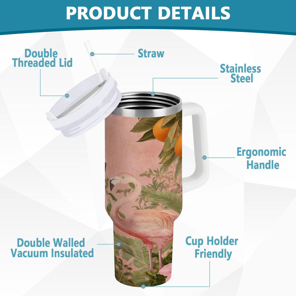 40 oz Insulated Stainless Steel Tumbler Double Wall Stainless Steel Tumbler with 2-Way Drinking Flamingos in Tropical Garden