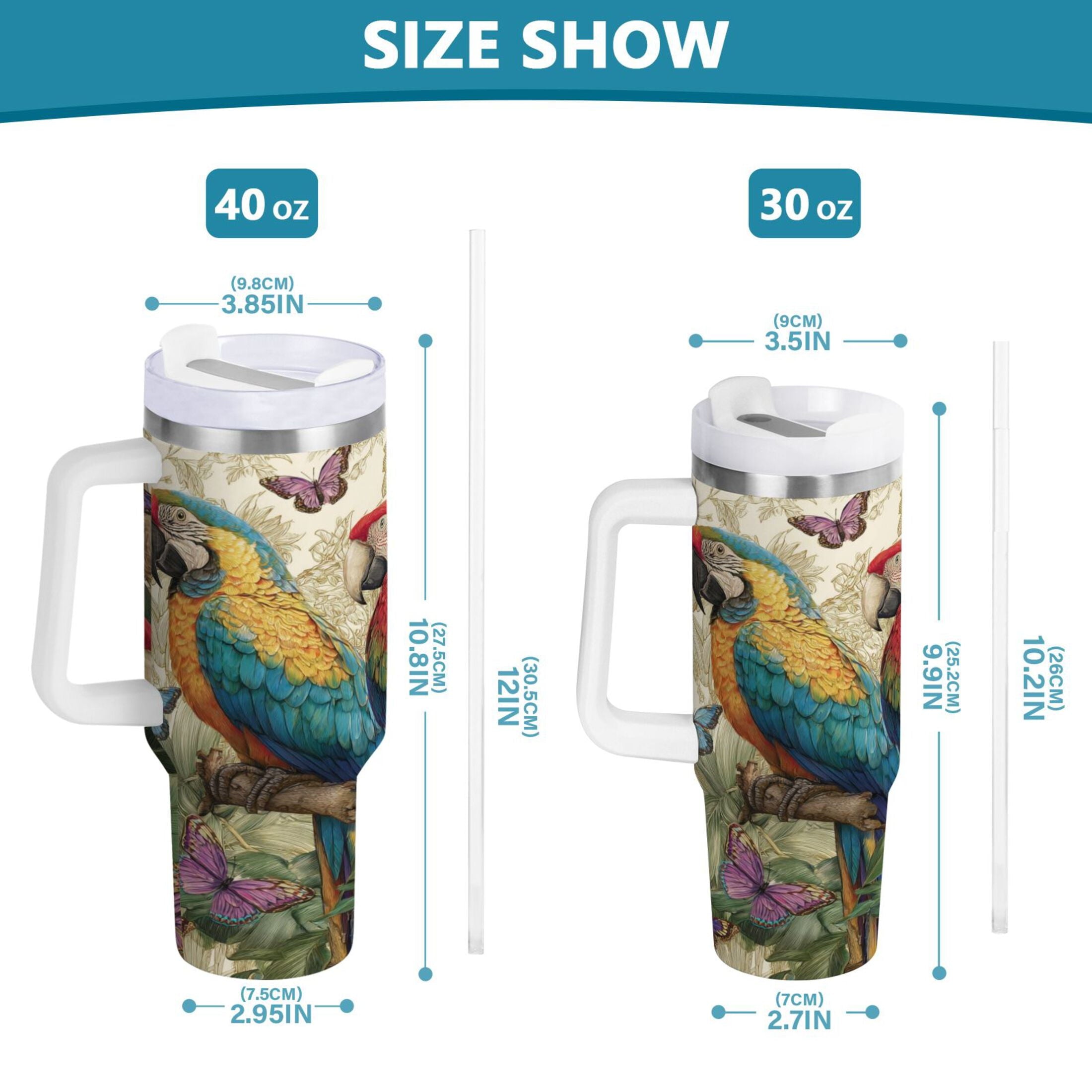 30 oz Insulated Stainless Steel Tumbler Double Wall Stainless Steel Tumbler with 2-Way Drinking Colorful Beautiful Parrots