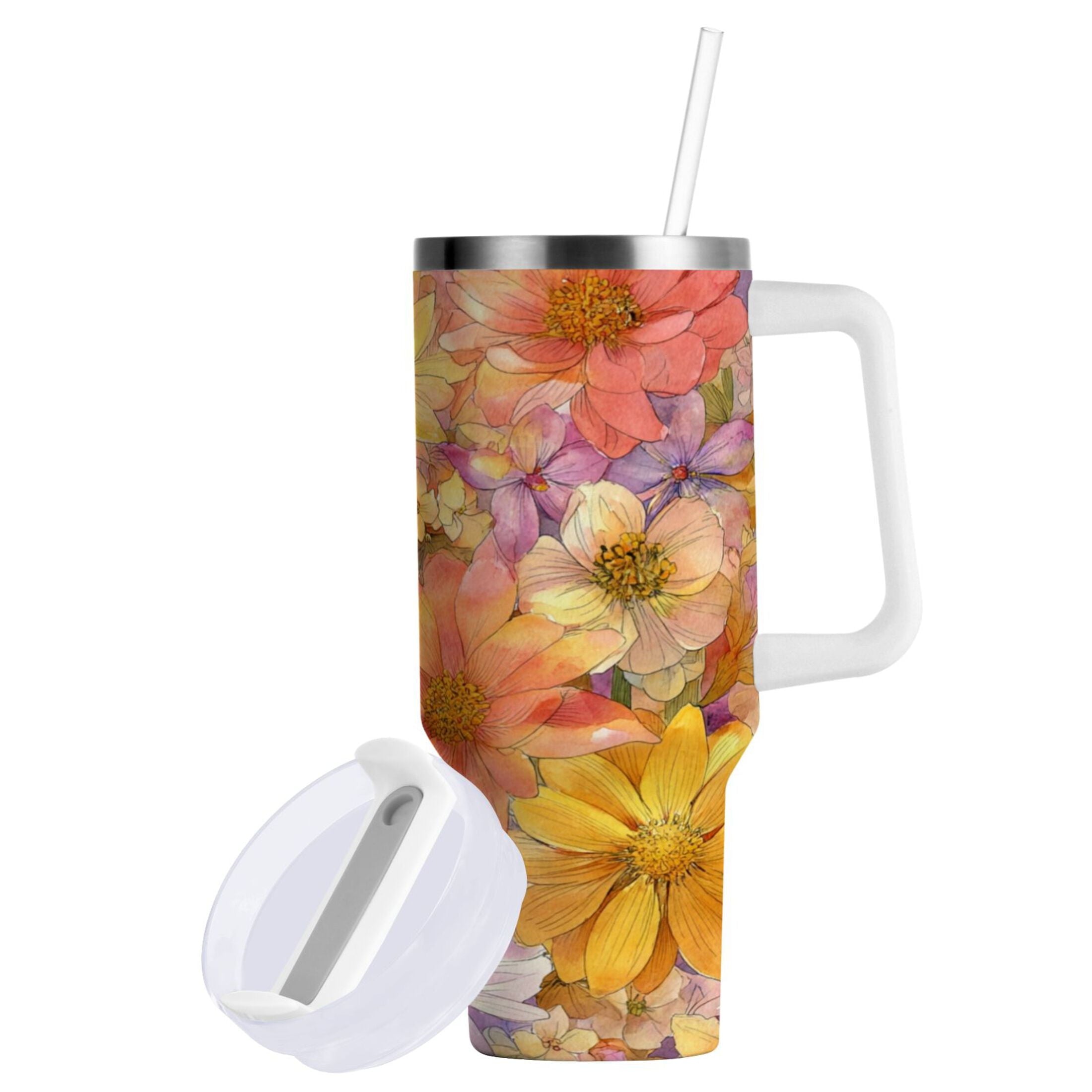 30 oz Insulated Stainless Steel Tumbler Double Wall Stainless Steel Tumbler with 2-Way Drinking Summer Blossoms