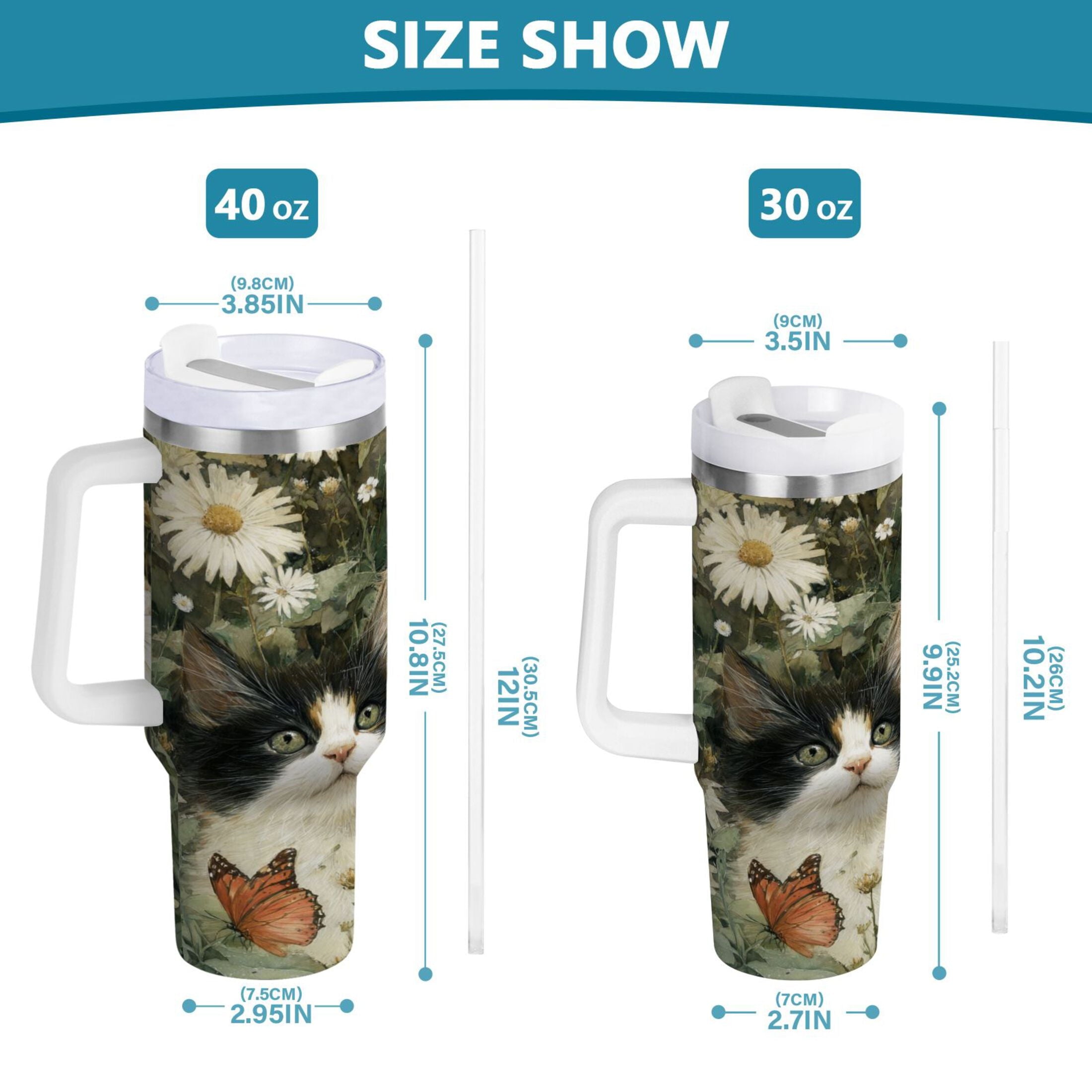 30 oz Insulated Stainless Steel Tumbler Double Wall Stainless Steel Tumbler with 2-Way Drinking Adorable Cats and Daisies