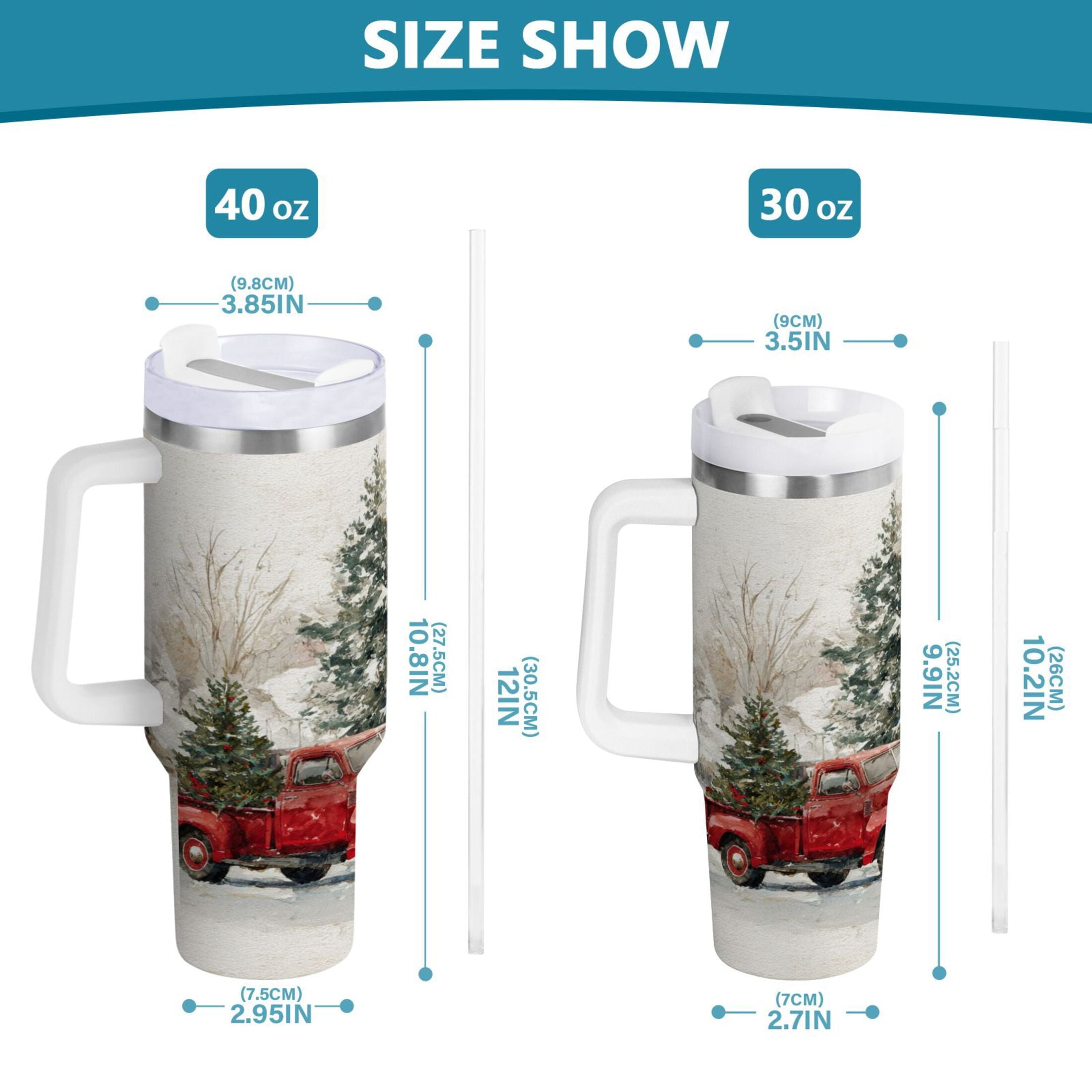30 oz Insulated Stainless Steel Tumbler Double Wall Stainless Steel Tumbler with 2-Way Drinking Truck with Christmas Decorations