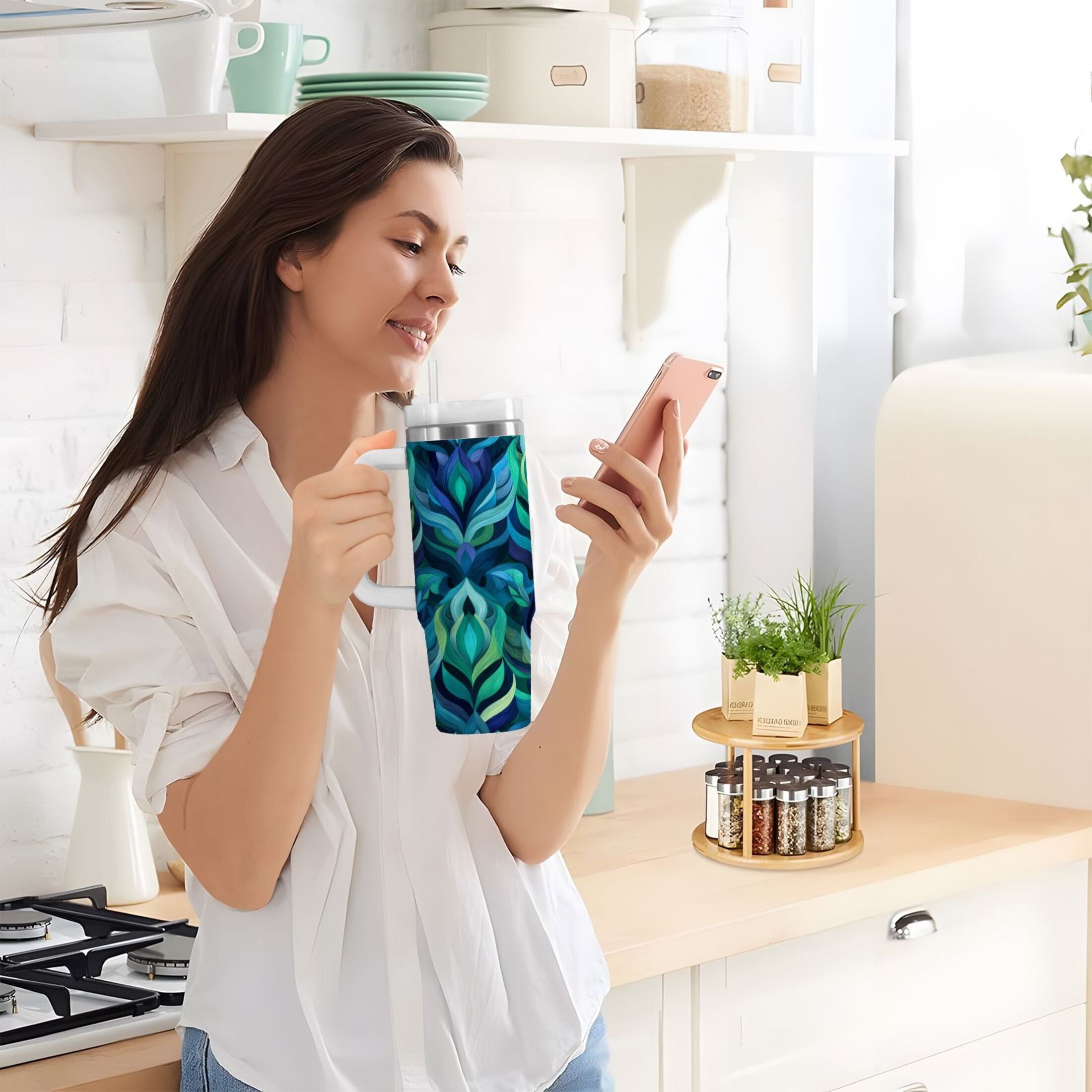 40 oz Insulated Stainless Steel Tumbler Double Wall Stainless Steel Tumbler with 2-Way Drinking Elegant Blue Abstract Shapes