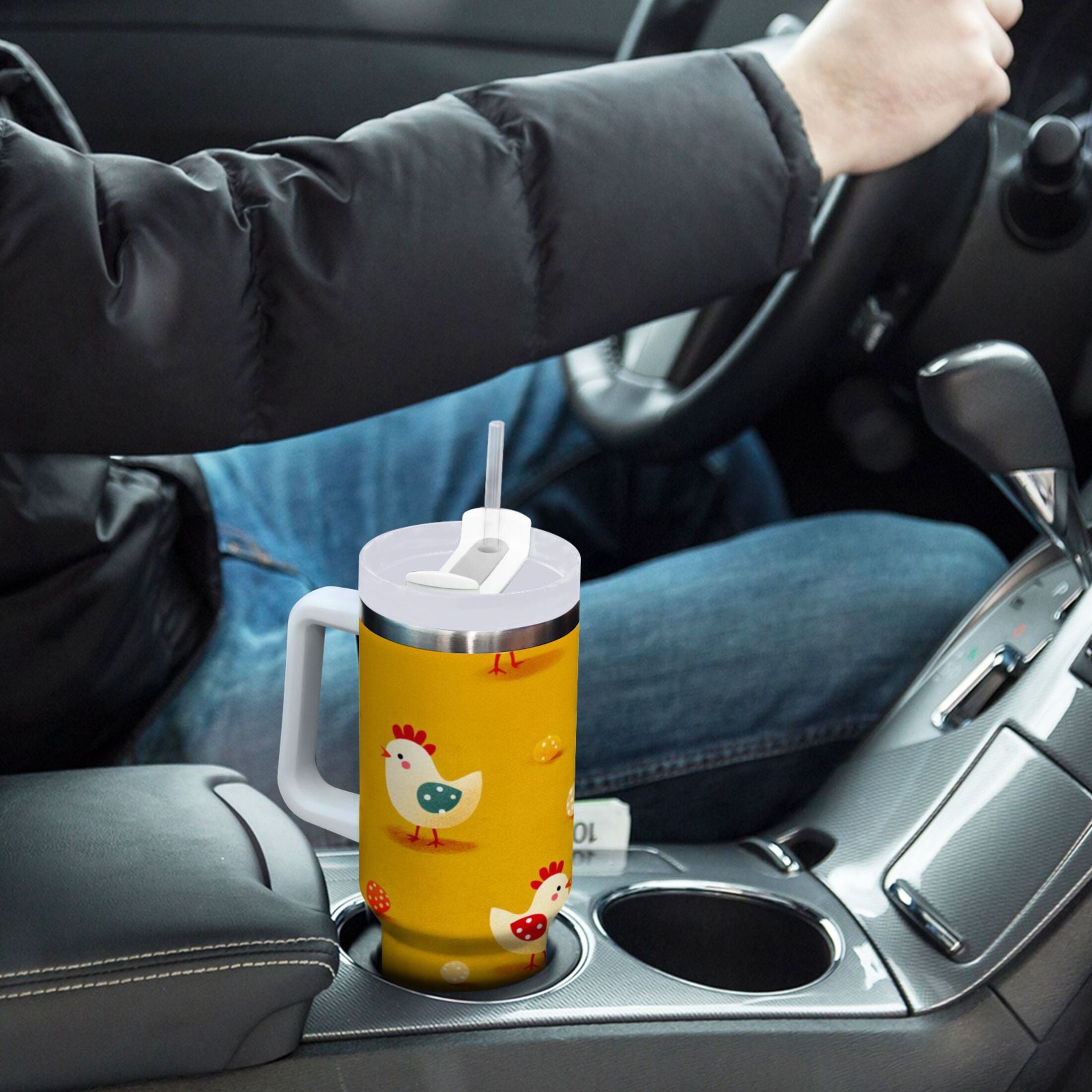 30 oz Insulated Stainless Steel Tumbler Double Wall Stainless Steel Tumbler with 2-Way Drinking Cartoon Chickens Pattern