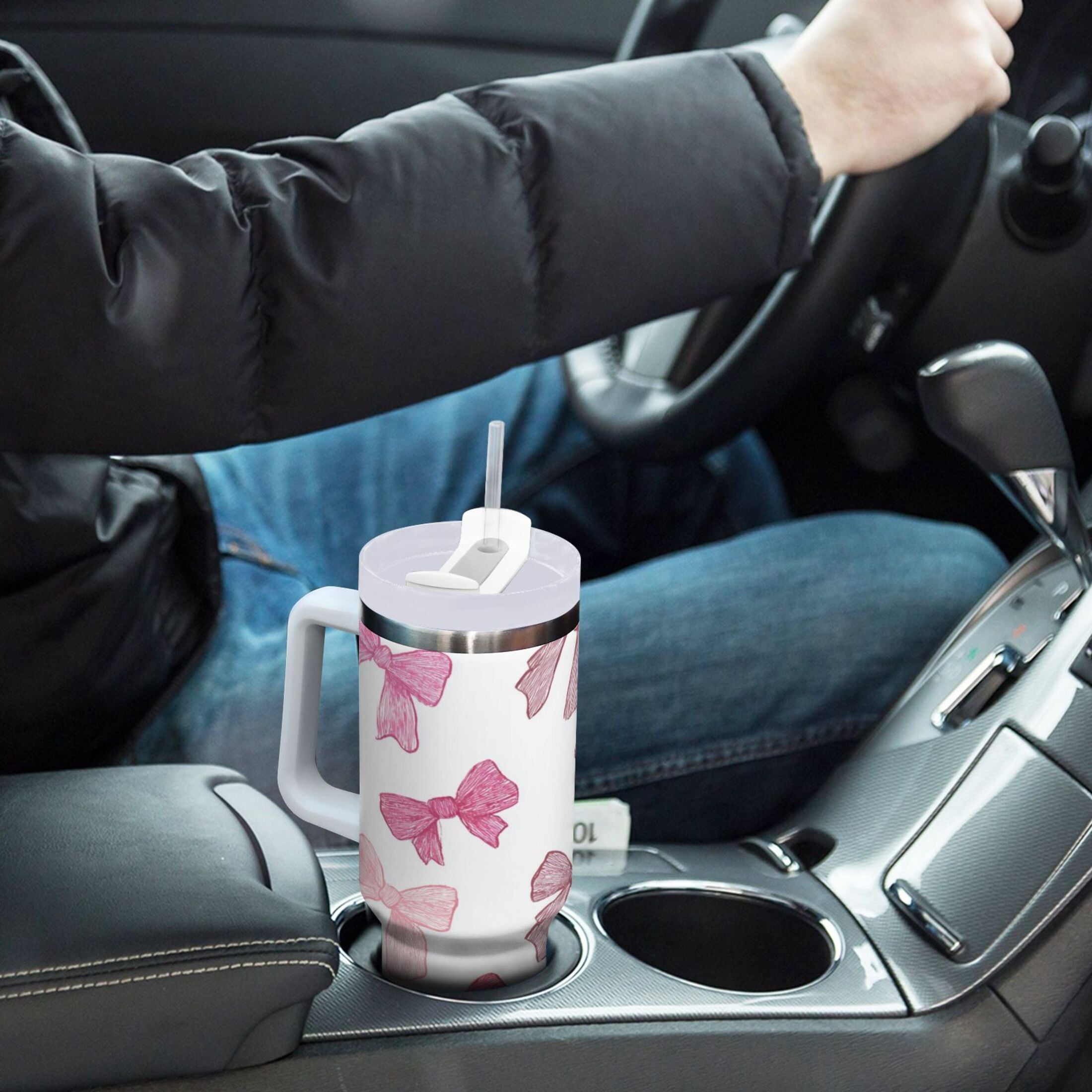 40 oz Insulated Stainless Steel Tumbler Double Wall Stainless Steel Tumbler with 2-Way Drinking Pink Bows Pattern