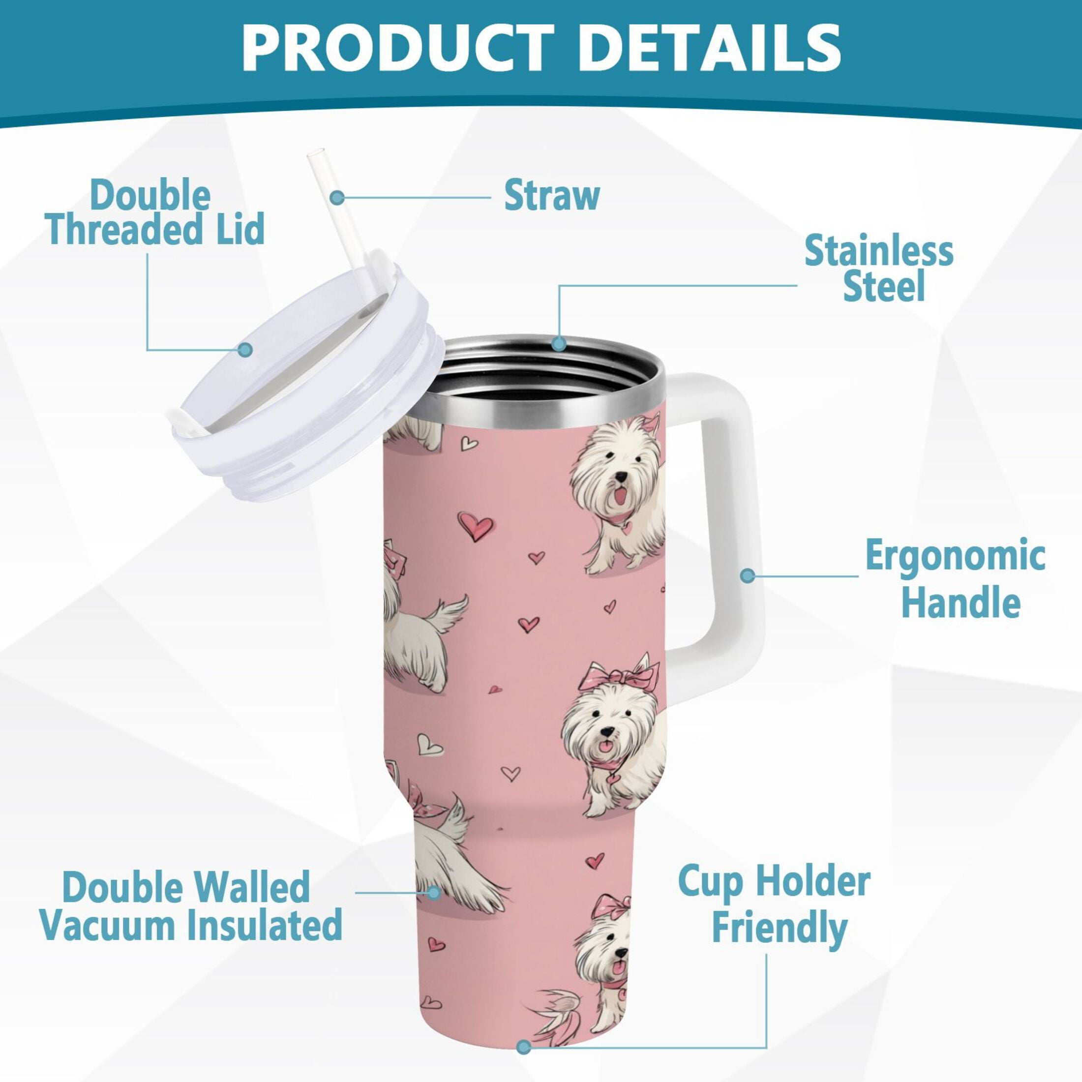 30 oz Insulated Stainless Steel Tumbler Double Wall Stainless Steel Tumbler with 2-Way Drinking Dogs Wearing Bows