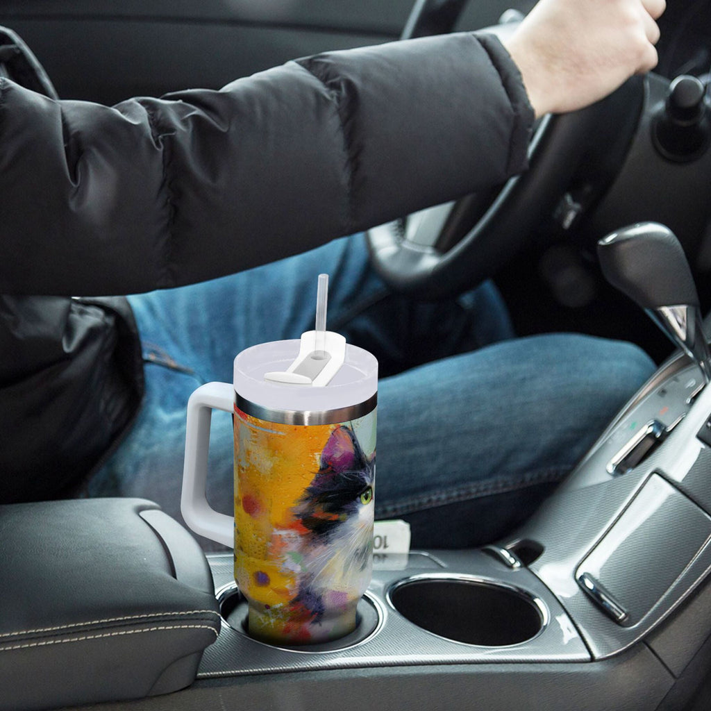 30 oz Insulated Stainless Steel Tumbler Double Wall Stainless Steel Tumbler with 2-Way Drinking Charming Hairy Cat