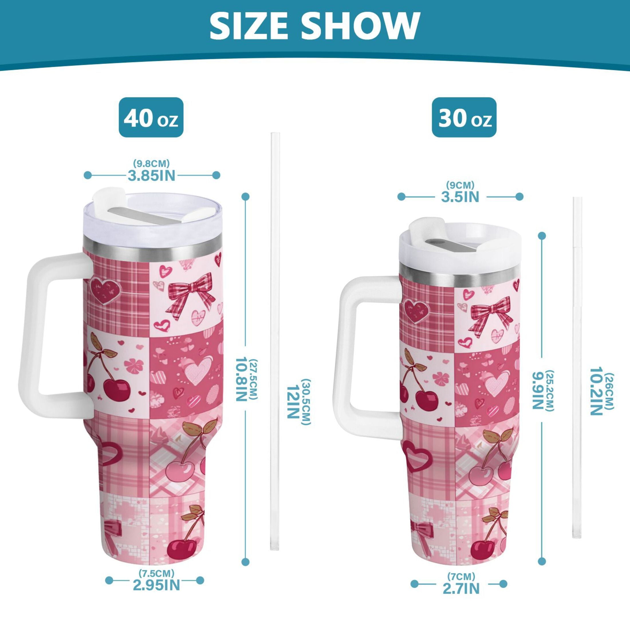 30 oz Insulated Stainless Steel Tumbler Double Wall Stainless Steel Tumbler with 2-Way Drinking Cherry Pattern with Bows